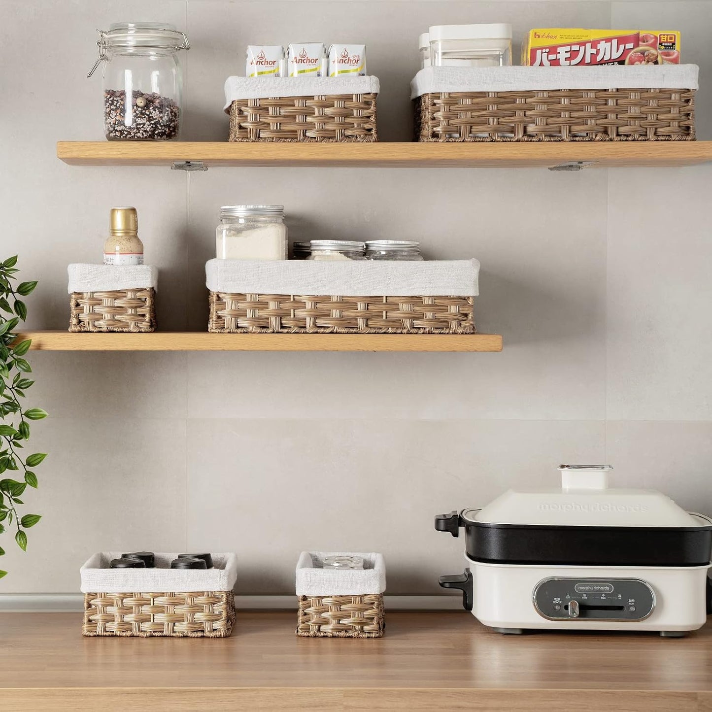 FairyHaus Wicker Baskets for Organizing, Waterproof Rectangle Small Storage Basket for Shelves, Nesting Lined Set of 3, Rustic Brown