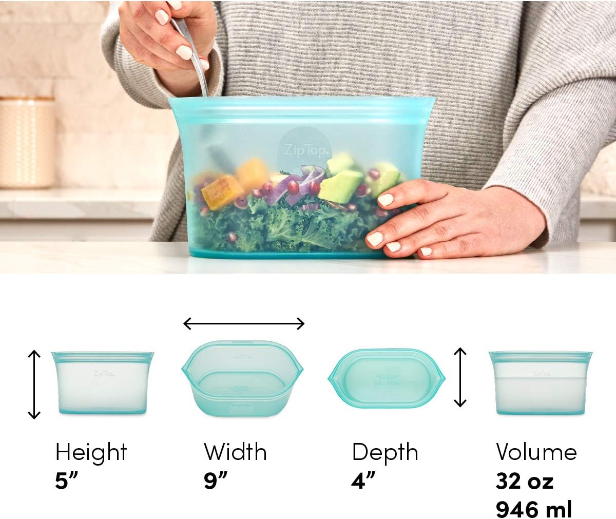 Zip Top Reusable Food Storage Bags | Large Dish [Gray] | Silicone Meal Prep Container | Microwave, Dishwasher and Freezer Safe | Made in the USA