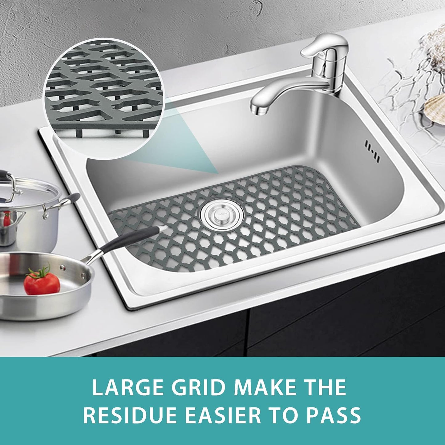 Sink Protectors for Bottom of Kitchen Sink 13x11 &16x12 &19x14 &21x16 &22x13 &24x13 &28x14 &30x16, Large Farmhouse Silicone Mats Grid (26”x14”, Rear Drain)