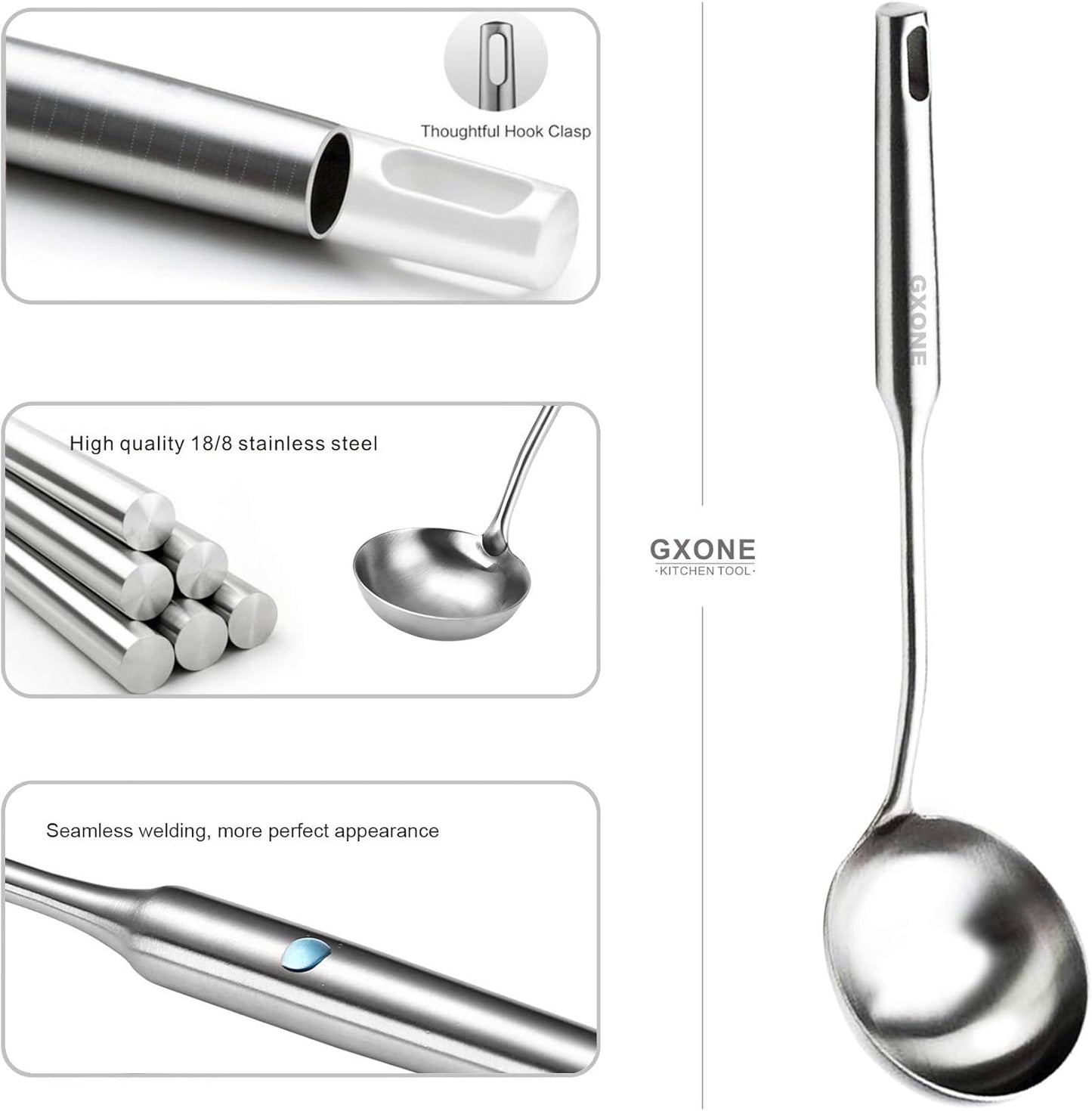 Soup Spoon Ladle,304 Stainless Steel Cooking Spoon Kitchen Tool For Wok With Hollow Handle, Silver/13.9Inch