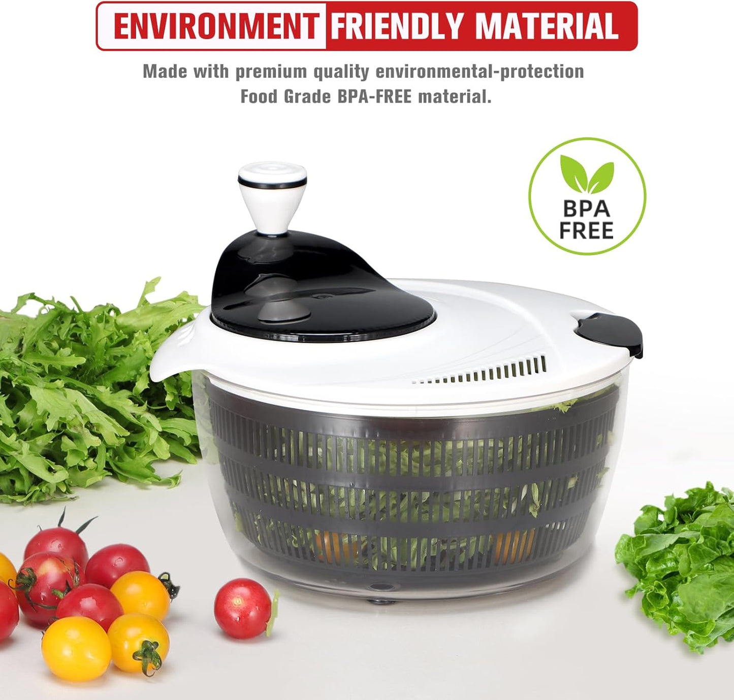 Smile mom Salad Spinner Large Lettuce Spinner Kitchen Gadgets, Large Salad Spinner Vegetable Washer, High Efficiency for Home Kitchen Washing & Drying Leafy Vegetables With Rotary Handle 4.2Qt Black