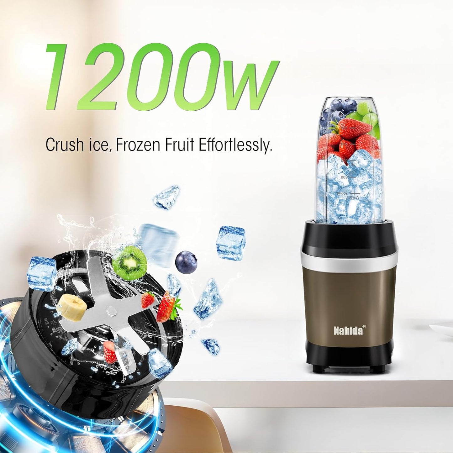 Nahida Blender for Smoothies, 1200W Smoothie Blender for Ices Crushing, Blenders with (2) 6-Fin Blades, Personal Blenders for Kitchen with 23oz, 32oz, 37oz Easy Go Cups for Juices, 1200W, Brown
