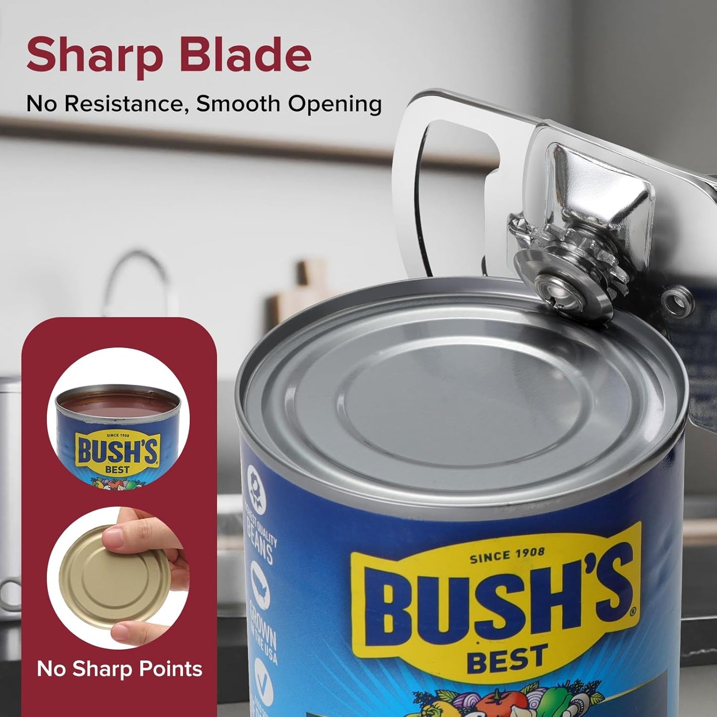 Can Opener Manual w/Magnet - Heavy Duty Hand Held Can Openers & Bottle Opener, Sharp Blade, Smooth Edge on Cans, Soft Grip Rubber Handle, Effortless Turn Knob for Seniors and Arthritis, Black