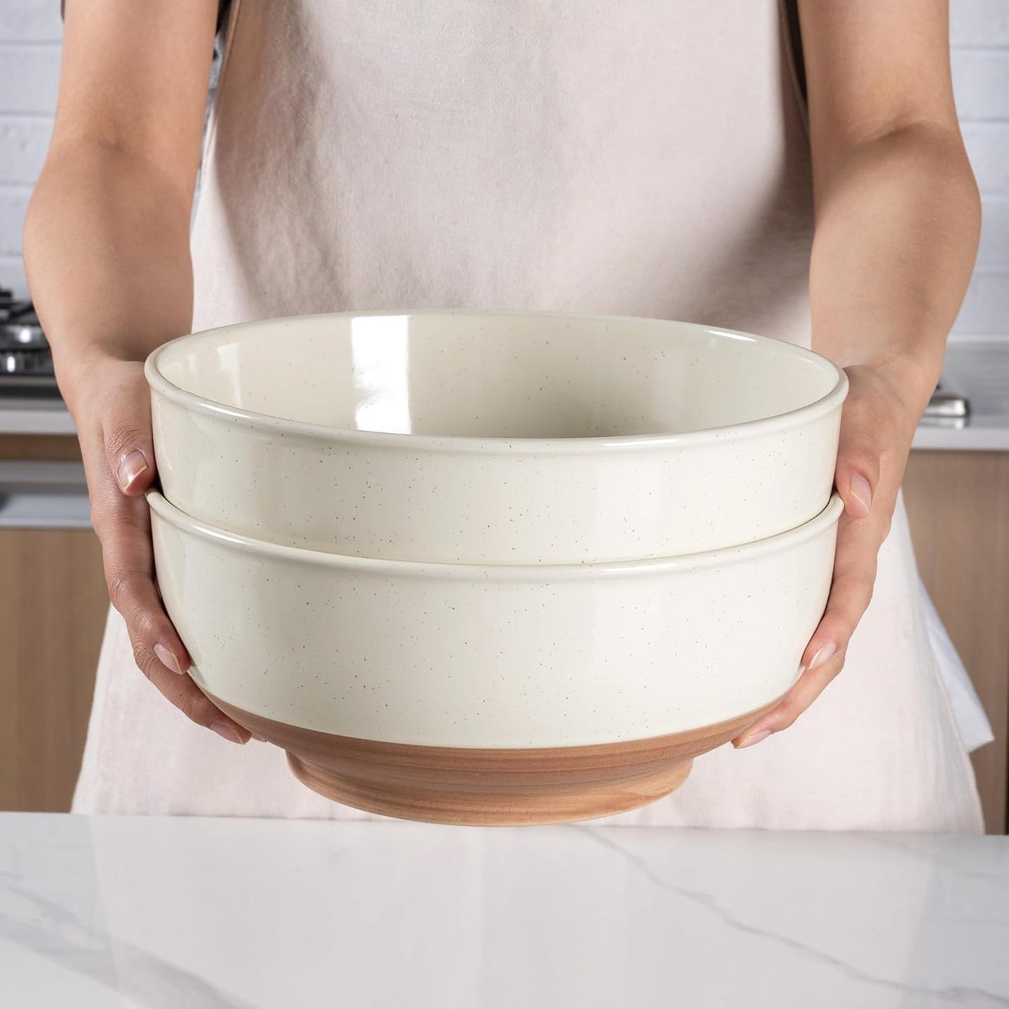 AmorArc 9.8’’ Ceramic Serving Bowls, 95 OZ Extra Large Salad Bowls Set of 2, Stoneware Oversized Bowls with Rustic Terracotta Underside for Salad, Soup and Dinner. Large Bowls for Entertaining &Gift