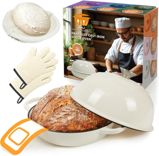 AHJ 6QT Dutch Oven For Bread Baking, Enameled Cast Iron Dutch Oven Pot with Lid, Multi-Functional Bread pan, Sourdough Baking Supplies with Proofing Basket, Cast Iron Bread Oven, Silicone Sling & Gloves.