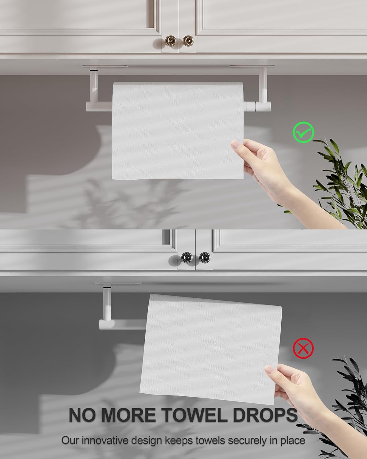 White Paper Towel Holder Under Cabinet, Self Adhesive or Wall Mounted SUS304 Stainless Steel Paper Towel Holder for Kitchen, Bathroom, Farmhouse, Barbecue and Laundry (White)