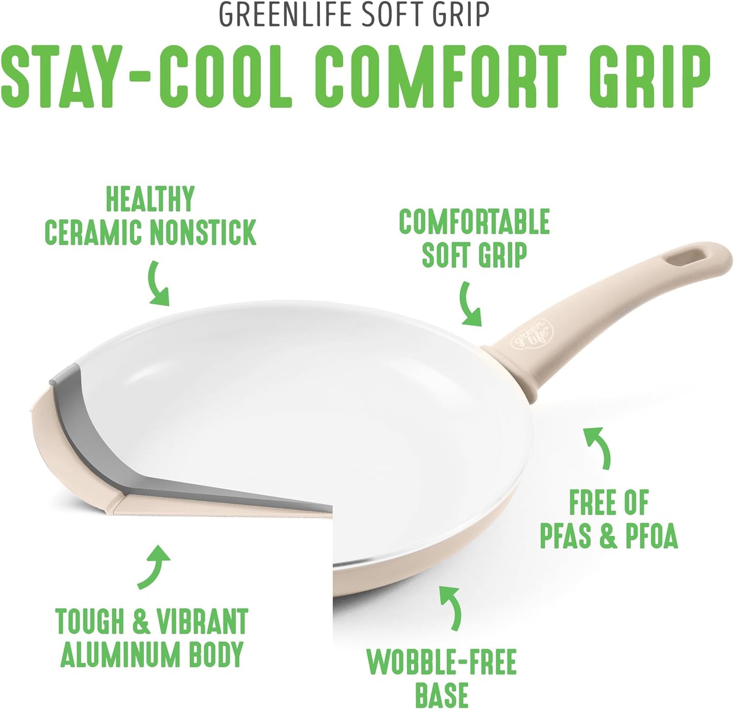 GreenLife 16 Piece Nonstick Cookware Set, Soft Grip Non-Toxic PFAS-Free Ceramic Pots & Pans, Dishwasher & Oven Safe, Frying, Sauce, Saute, Utensils, Glass Lids, Stay-Cool Handles, Wobble Free, Taupe