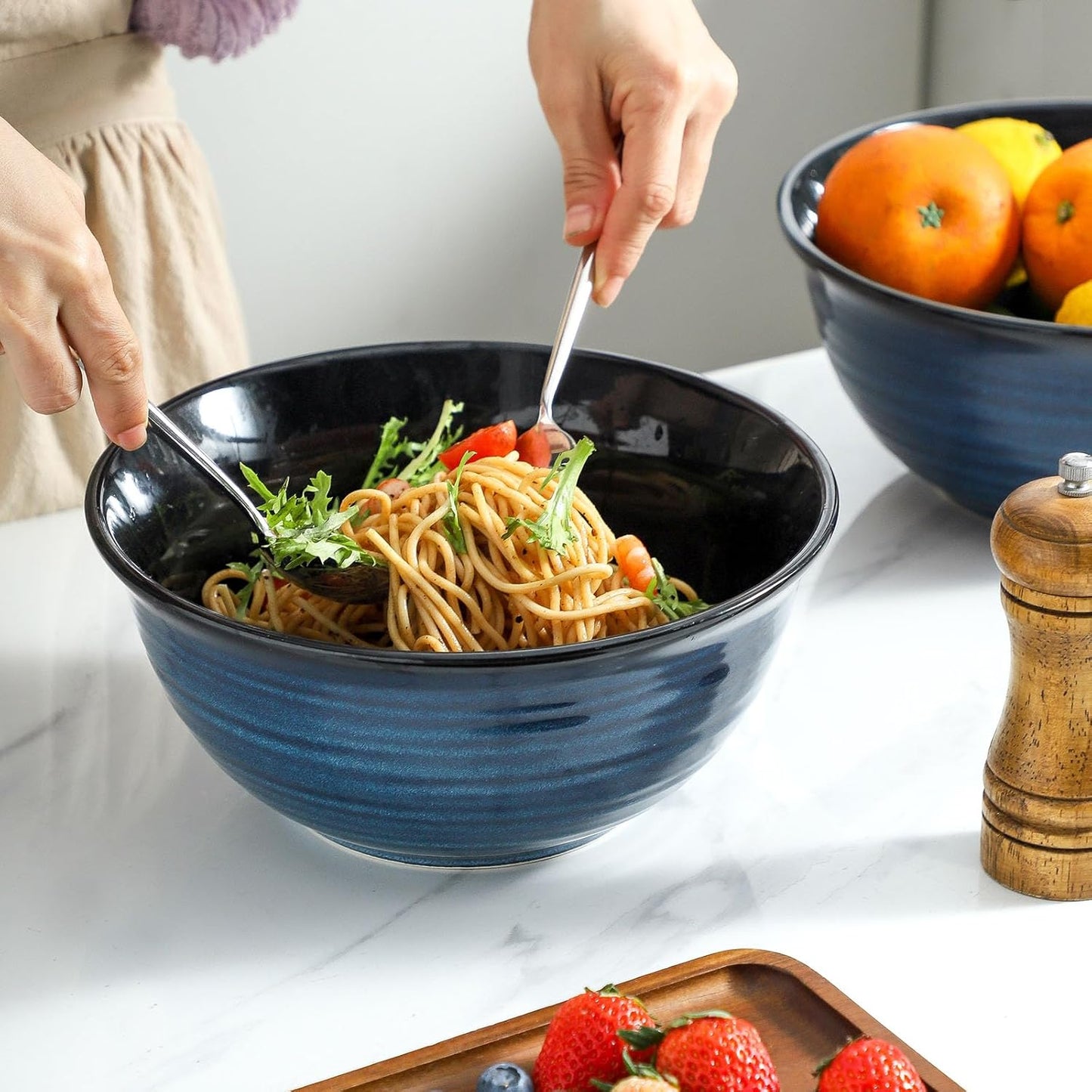 MEKY Ceramic Mixing Bowls Set of 2, 84OZ Large Nesting Salad Bowls - Perfect for Cooking, Baking, Soup, Pasta, Fruit and Popcorn, Deep Bowls Ideal for Microwave and Dishwasher Safe (Blue)