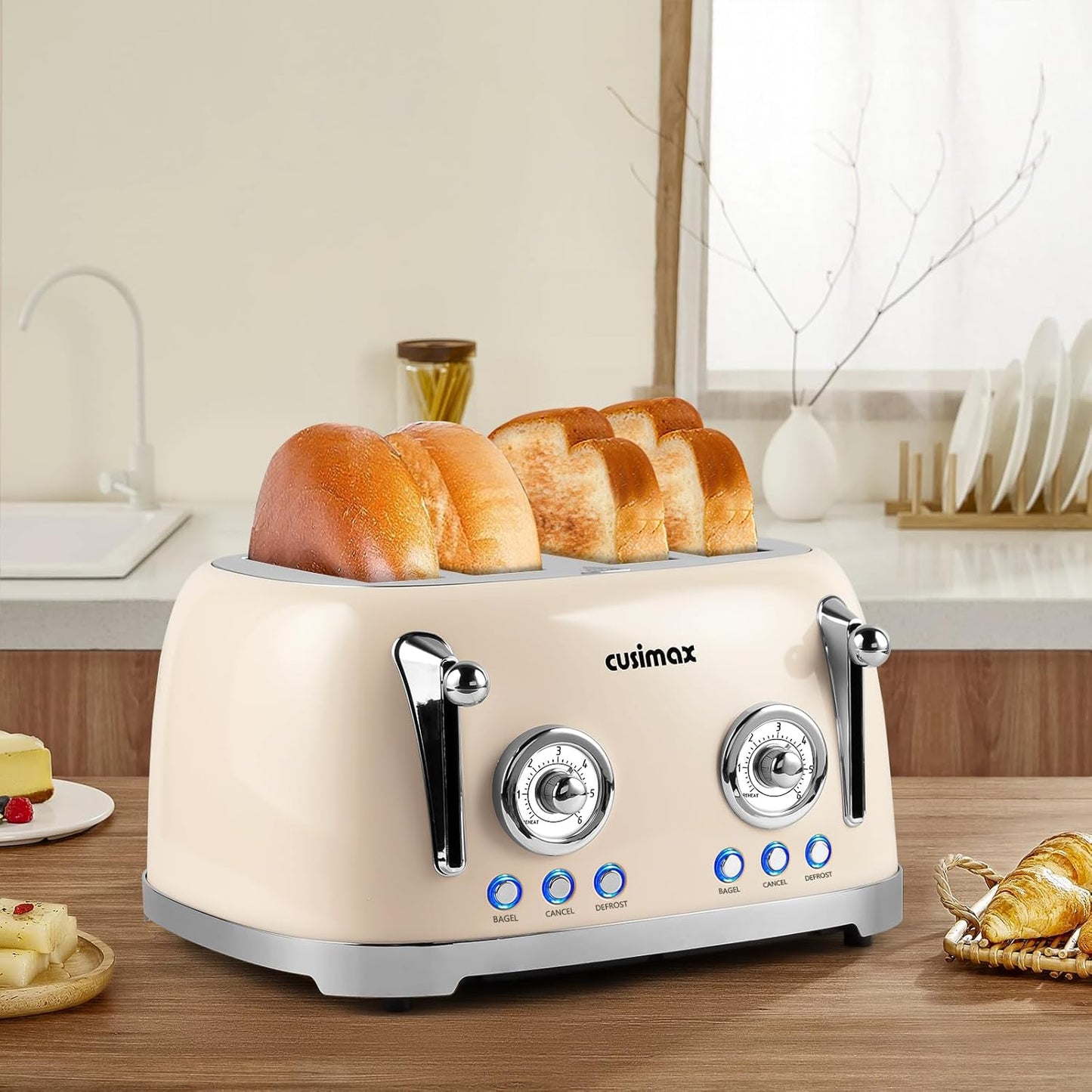 CUSIMAX Retro 4 Slice Toaster With Wide Slots for Bagels, Stainless Steel, 6 Toast Settings, Bagel, Cancel, Defrost & Reheat Functions, Dual Independent Control Panels, Cream