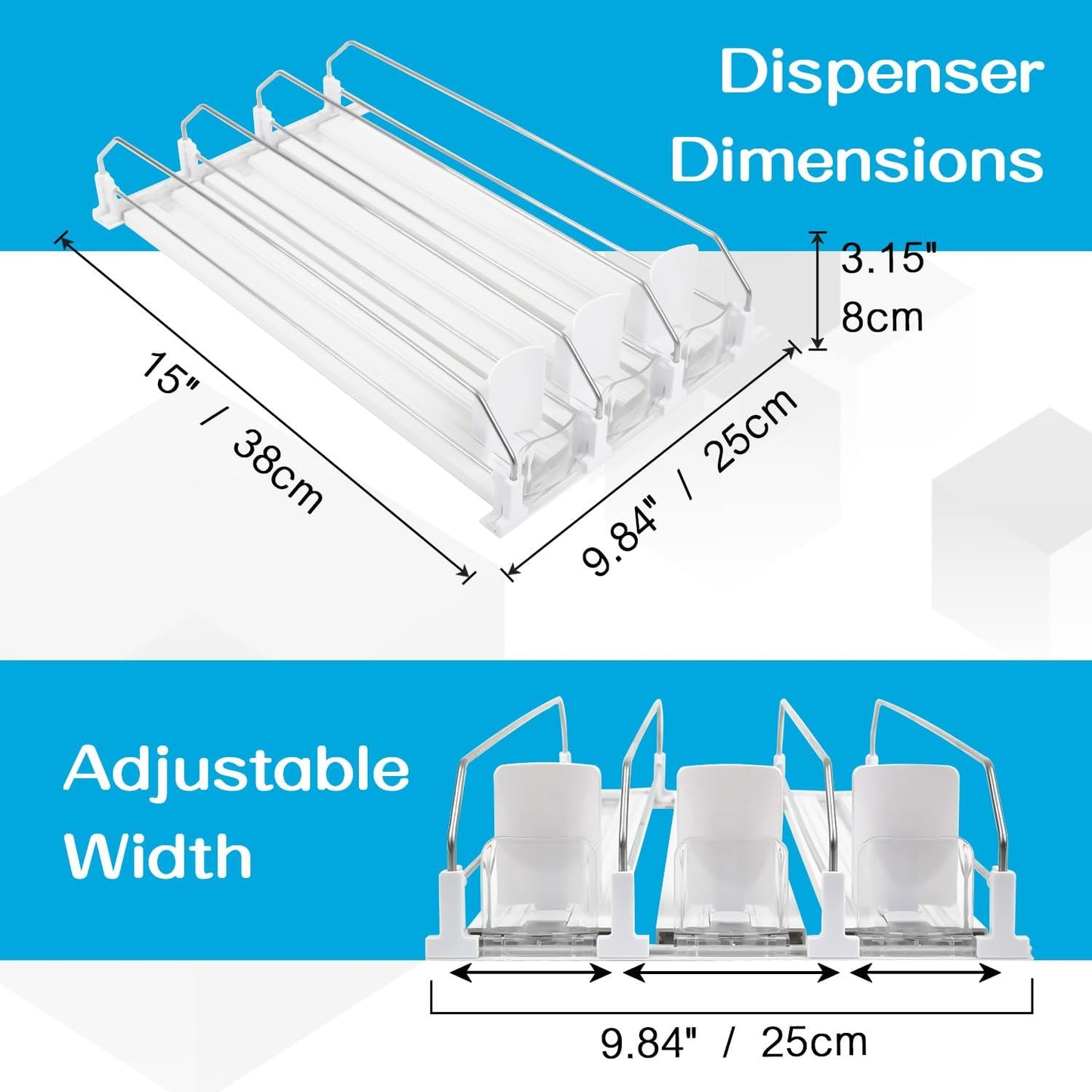 Soda Can Dispenser for Refrigerator, 3 Row Self-Pushing Rack, Fits up to 15 Cans, Width Adjustable Beverage Storage Rack, 15inch White