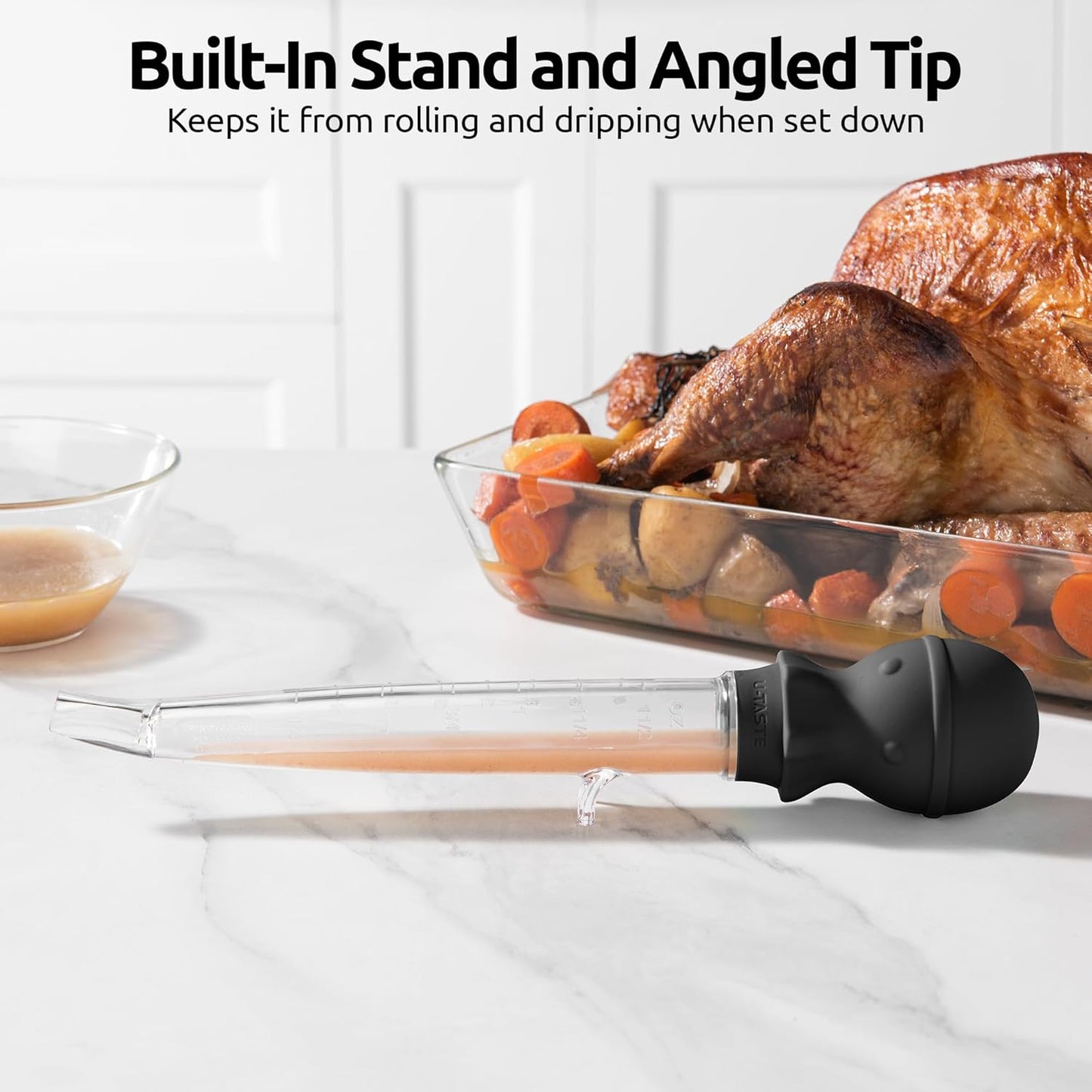 U-Taste 1.5oz Angled Turkey Baster - 228.2ºF Heat Resistant Food Grade Tritan and Silicone Large Octopus Bulb Baster Set with Cleaning Brush for Cooking Basting Meat Poultry Beef Chicken (Black)