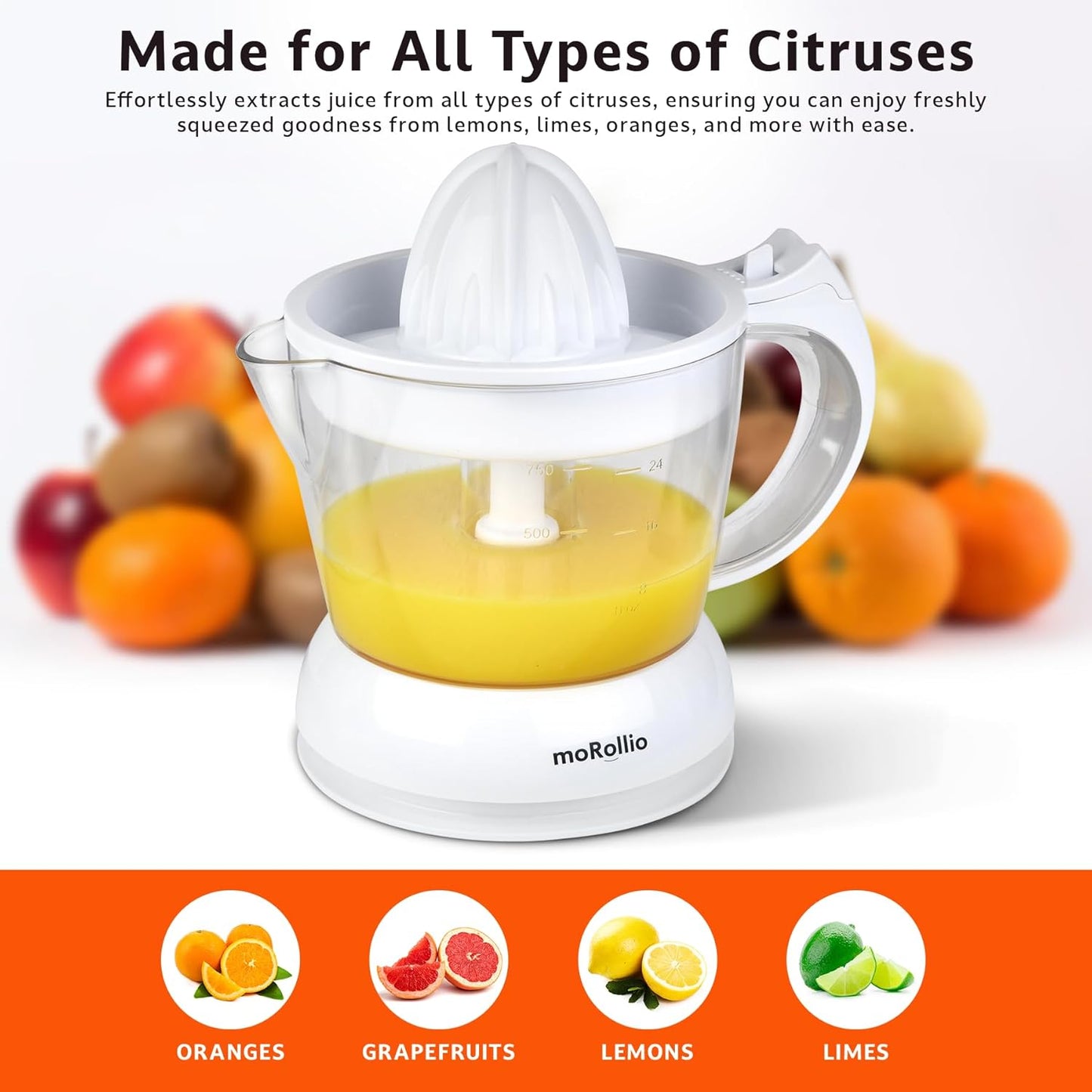 Electric Citrus Juicer, Compact Space-Saving Orange Juicer, 24oz | Adjustable Pulp Control, for Oranges, Grapefruits, Lemons and Limes