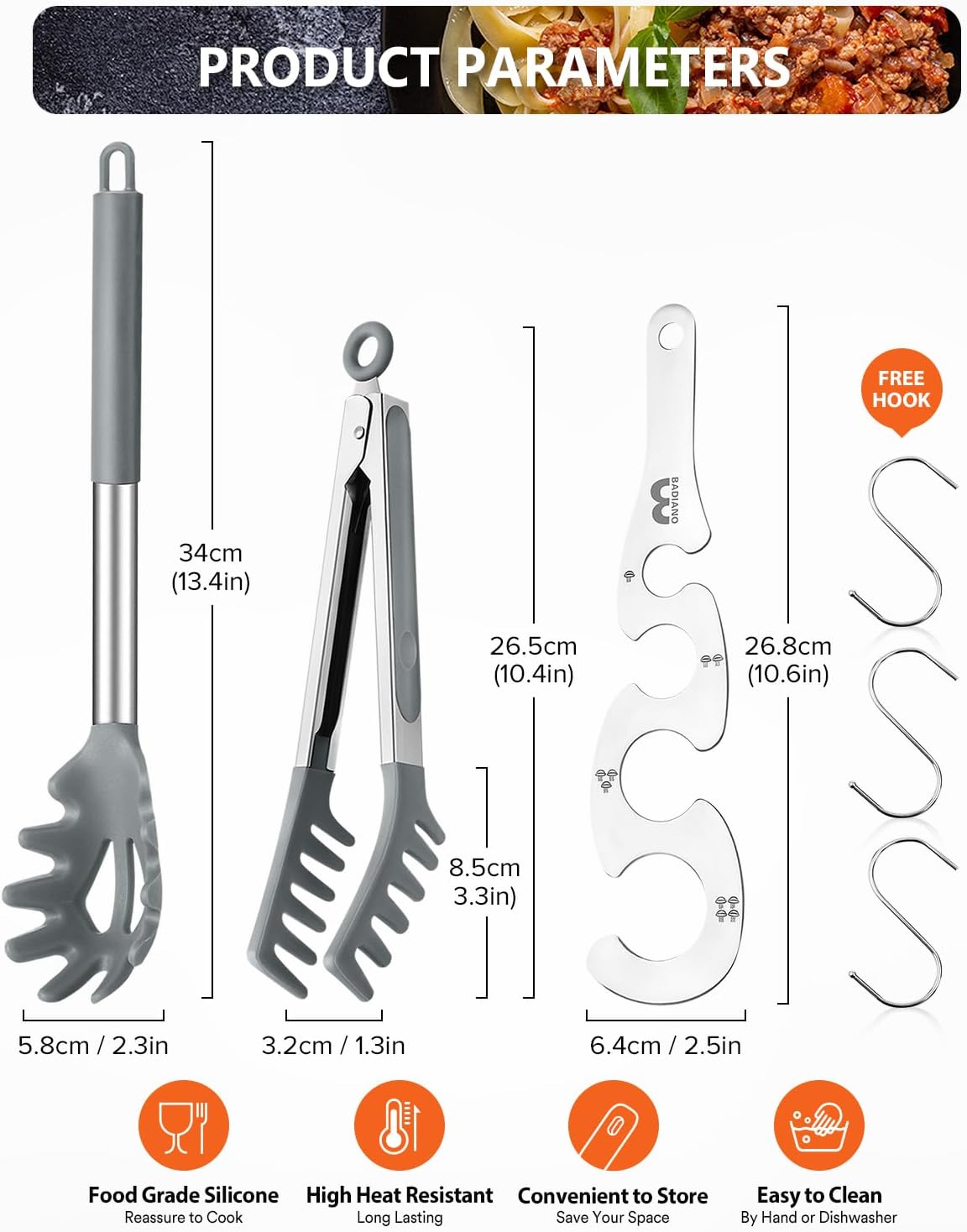 Silicone Spaghetti Spoon & Pasta Tong With Pasta Measurer, 3 Pack of Non-Stick Stainless Steel Handle Pasta Fork Set with Teeth, Food Clip for Easy Serving of Noodles (GREY)