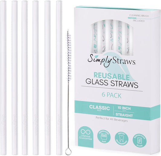 Simply Straws 10 Inch Glass Straws Straight (6-Pack) – Reusable Glass Straws for 24 Oz Mason Jars & Tumblers, with Cleaning Brush – Durable, Dishwasher Safe, Hot & Cold Use, BPA-Free (Air)