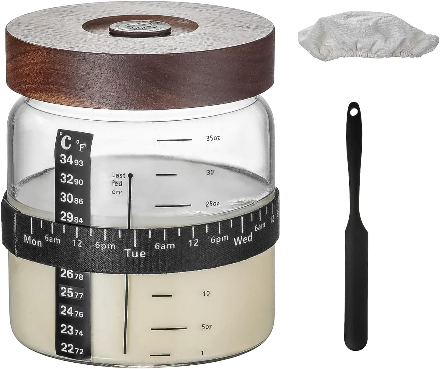 Wissy&Konny Sourdough Starter Jar，Wood Sealed Lid with Automatic Exhaust,35OZ with Ounce Scale Line,Date Marked Feeding Band, Thermometer, Sourdough Jar Scraper,Wide Mouth for Sourdough Bread Baking