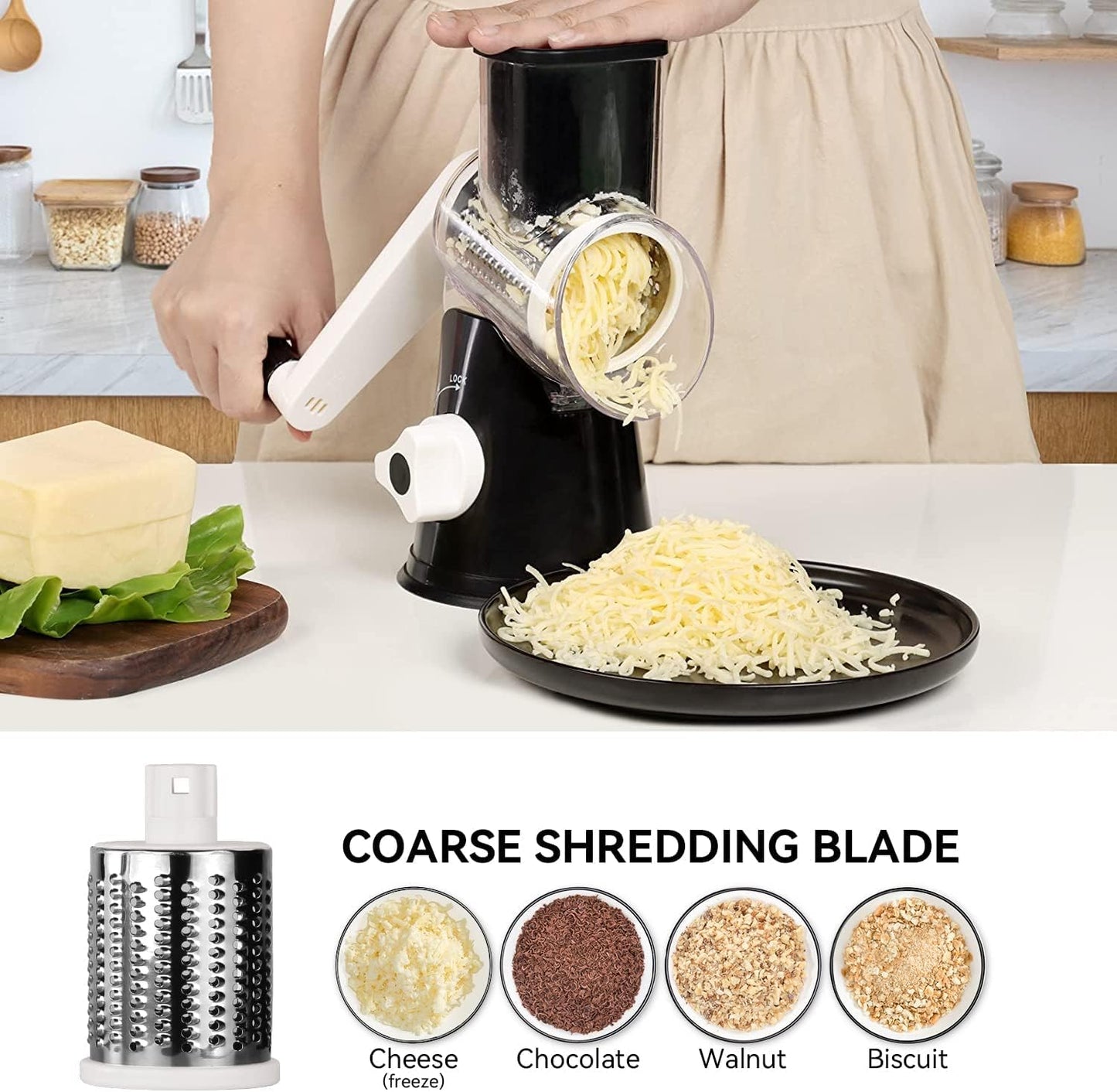 Rotary Cheese Grater Vegetable Shredder with Handle Round Kitchen Mandoline Slicer Grater for Nuts, Vegetable, Chocolate, Chesse - Black - 3 Replaceabe Stainless Steel Blades