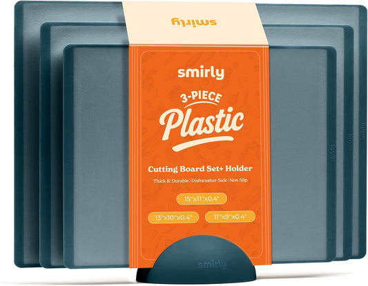 SMIRLY Plastic Cutting Board Set with Holder 3 Pieces, Non-Slip Dishwasher Safe Chopping Boards for Kitchen, Blue