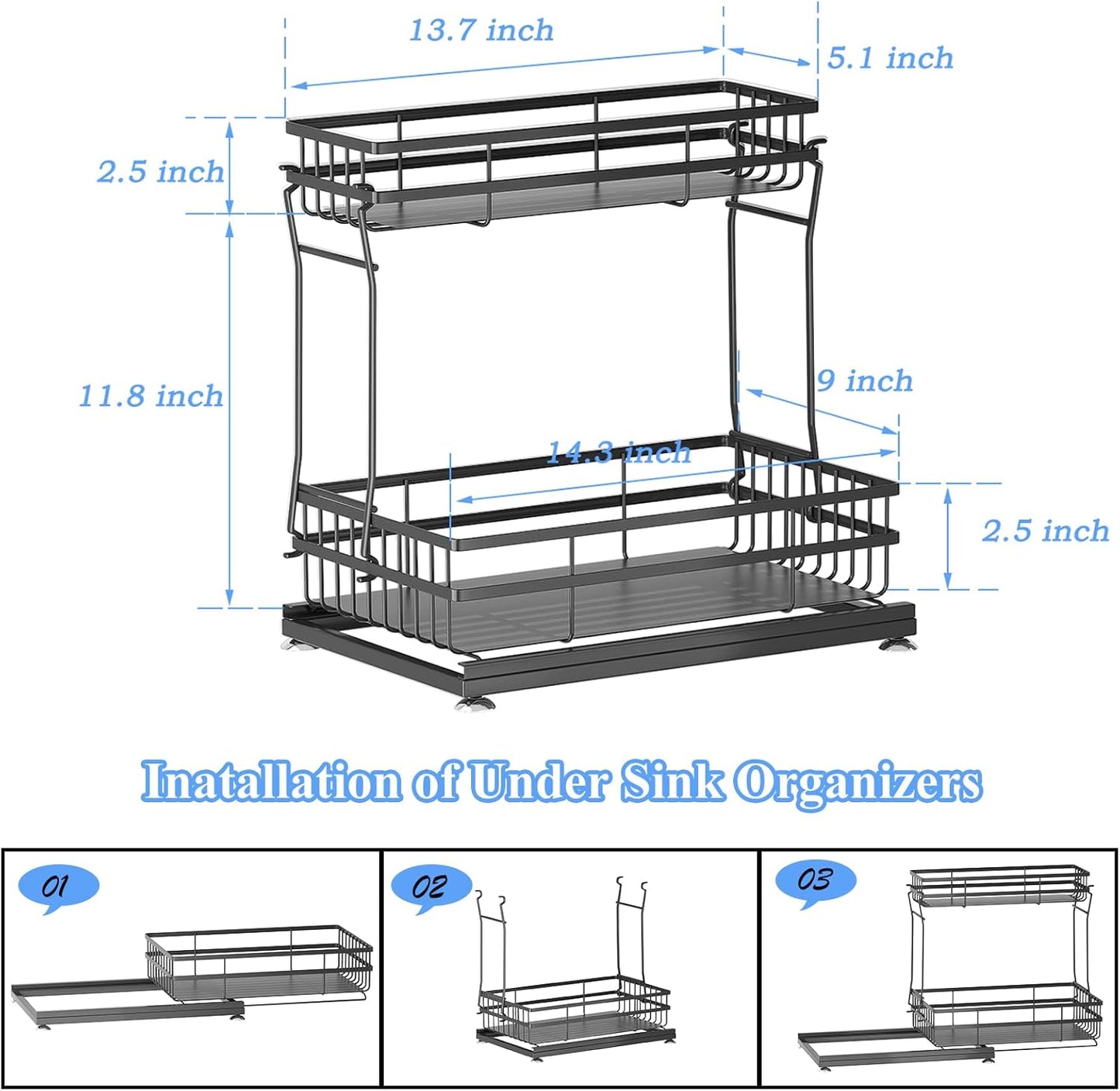 2 Pack Under Sink Organizers and Storage, 2 Tier Pull Out Cabinet Organizer, Metal Sliding Drawer Storage for Kitchen Bathroom，Black