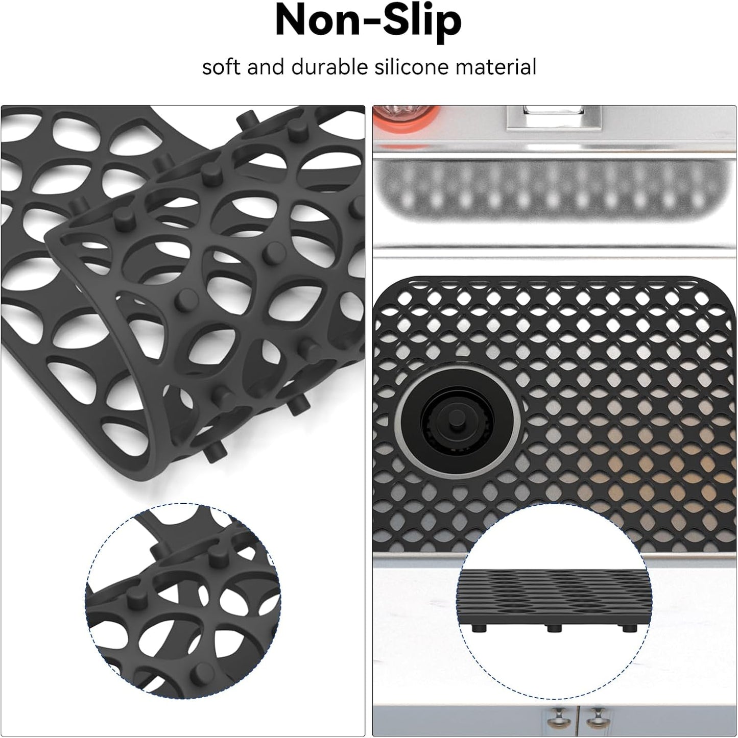 TOOVEM Sink Protectors for Kitchen Sink, Kitchen Stainless Ceramic, Folding Non-slip Mat, Heat Resistant Silicone Mat 1 Pcs, Black, 13.58 ''x 11.6 '' Rear Drain