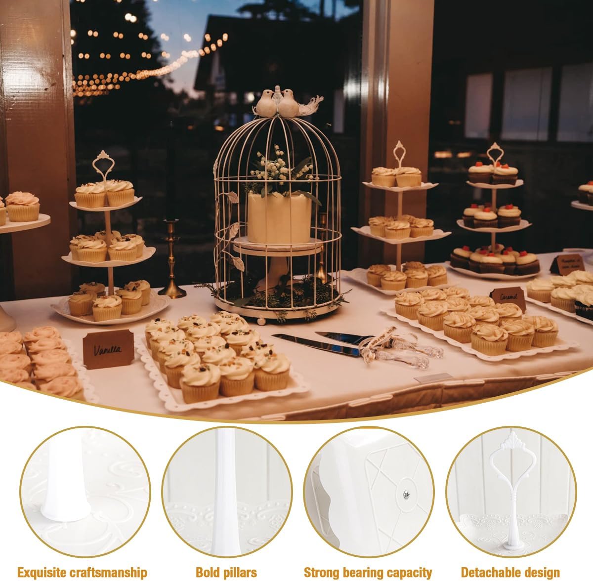 10 Pcs Cake Stand White Plastic Dessert Table Display Set 4 Pcs 3 Tired Cupcake Stand Cookie Tray Rack Serving Tray Cake Display Tower and 6 Pcs Dessert Trays for Wedding Baby Shower Tea Party