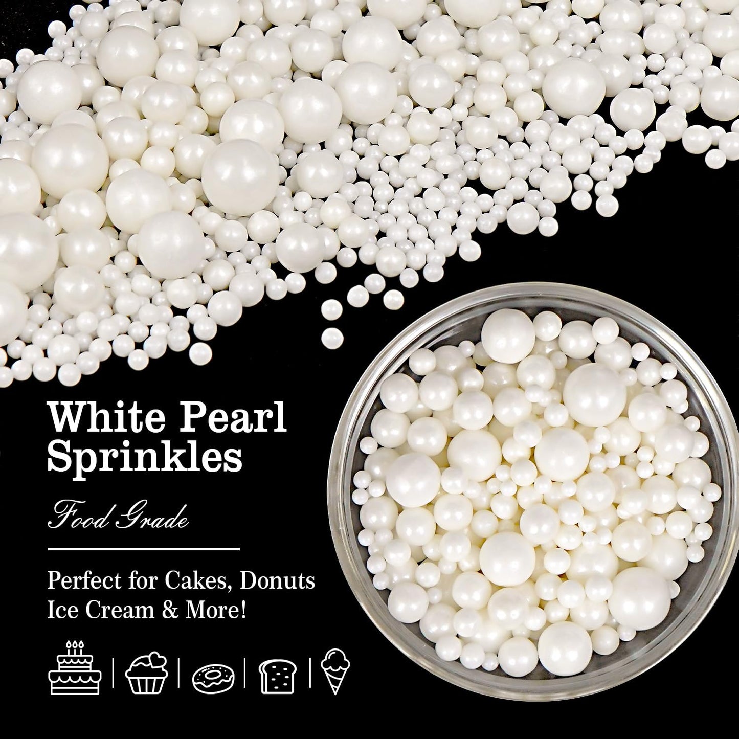Edible White Pearl Sugar Sprinkles for Cake Decorating, Candy Pearls Cupcake Toppers, 150g/5.29oz, Mix Sprinkles, Baking Cake Decorations, Easter, Wedding Party Chirstmas Supplies