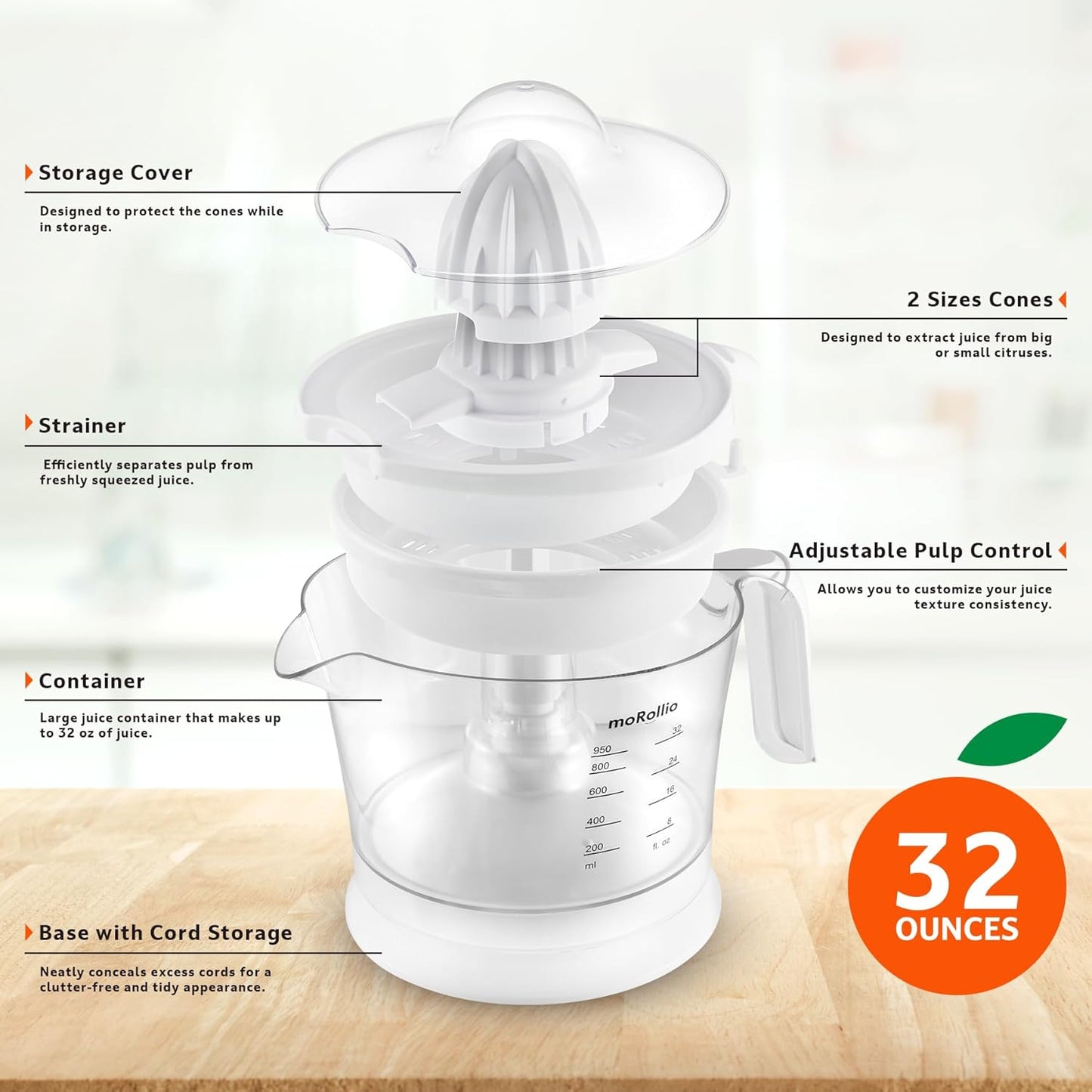 Citrus Juicer, Orange Juicer | Electric Citrus Juice Squeezer with Adjustable Pulp Control, 32oz | for Oranges, Grapefruits, Lemons and Limes