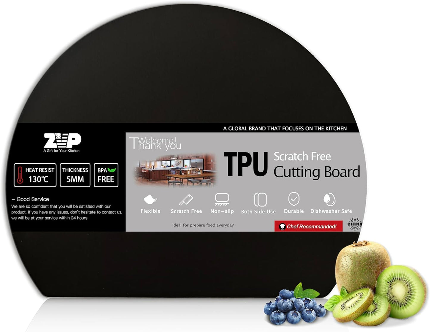 ZVP Thick Silicone Cutting Board Mats for Kitchen, TPU Flexible Cutting Board Double-Sided Use, Nonslip Rubber Half Round Chopping Mats BPA Free Knife Friendly Non-Toxic Dishwasher Safe