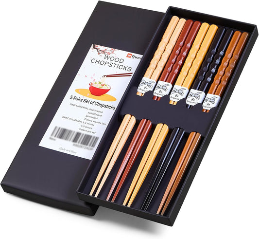 5 Pairs Japanese Minimalist Reusable Chopsticks, 8.8 Inch Non-Slip Natural Wood Set - Ideal for Sushi, Noodles, Rice | Chopsticks Gift Set for Asian Cuisine Lovers