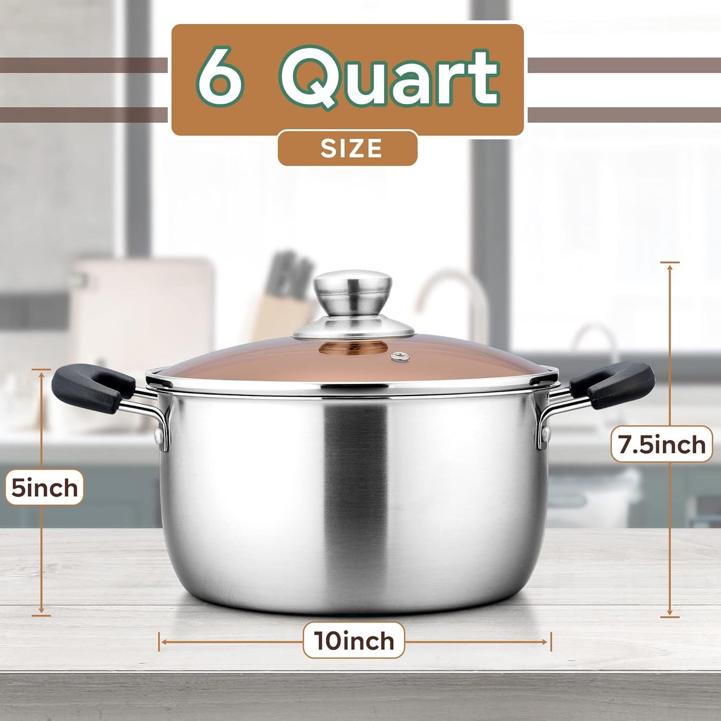 LIANYU 6QT Stock Pot with Lid, Stainless Steel Soup Pasta Pot for Home Kitchen Restaurant, Stockpot for Strew Simmer Boiling, Heat-proof Handle, Dishwasher Safe