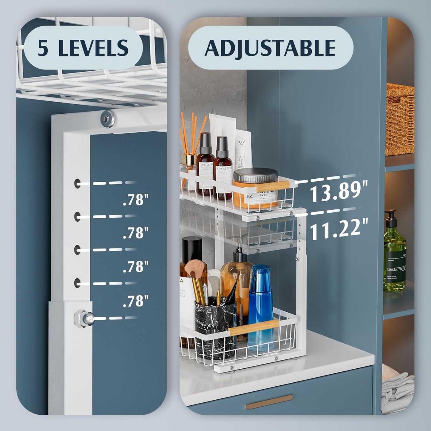 Metal Under Sink Organizers and Storage, 2 Tier Under Sink Organizer Pull Out, Adjustable Under Kitchen Sink Organizer, Sliding Cabinet Organizer for Bathroom, White