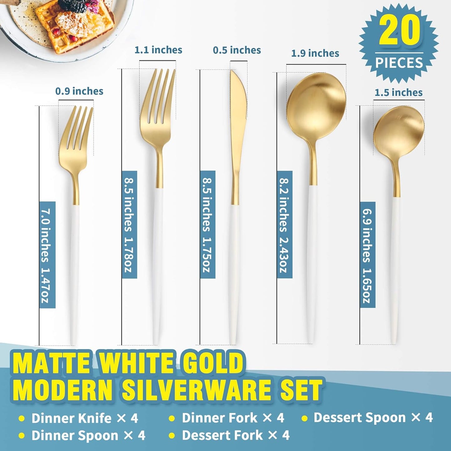 Matte White Gold Silverware Set for 4,Modern Stainless Steel Brushed Cutlery Set,20-Pieces Heavy Duty Flatware Set,Knives Spoons and Forks Set Utensils Set, Satin Finish, Dishwasher Safe