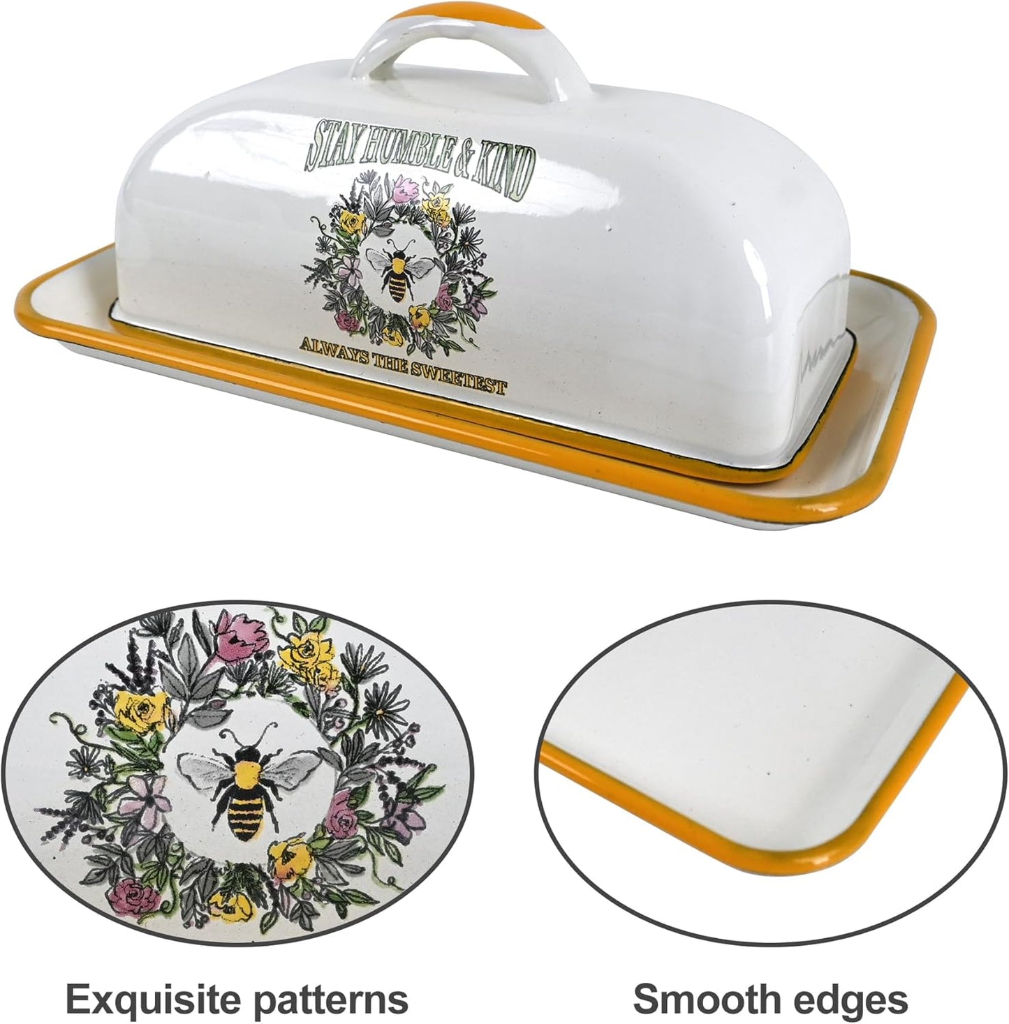 Enamel Butter Dish with Lid Vintage Enamelware Butter Keeper with Flower and Bee Patterns Farmhouse Butter holder Butter container for Kitchen Decor