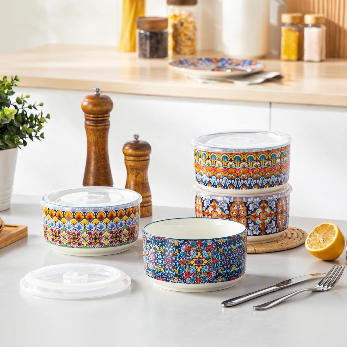 vancasso 36 oz Ceramic Bowls with Lids Set of 4, 6 Inch Food Storage Containers & Prep Bowls for Leftovers, Soup, Cereal, Meal Prep, Office Lunch, Microwave & Dishwasher Safe, Series SIMI