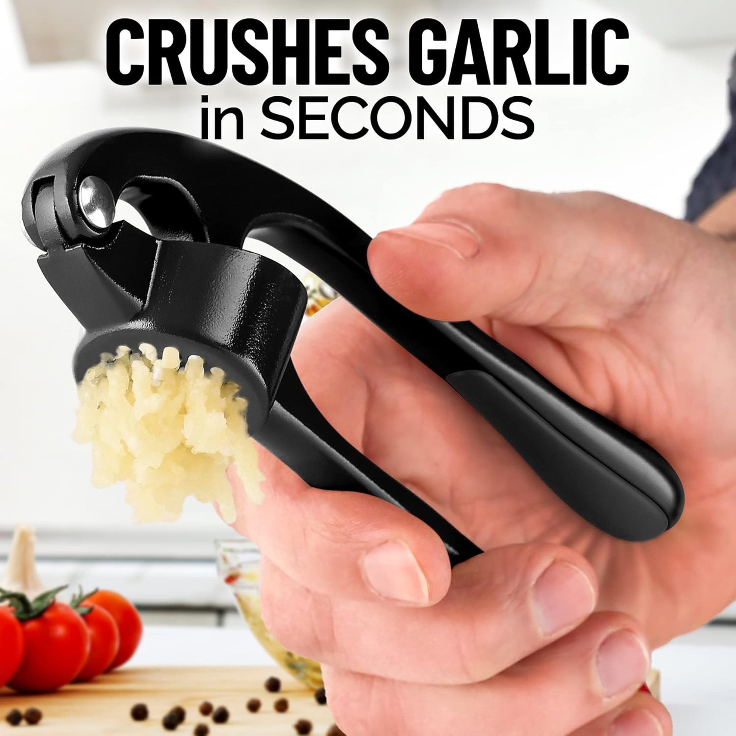 Zulay Kitchen Premium Garlic Press Set - Rust Proof & Dishwasher Safe Professional Garlic Mincer Tool - Easy-Squeeze, Easy-Clean with Soft, Ergonomic Handle - Silicone Garlic Peeler & Brush (Black)