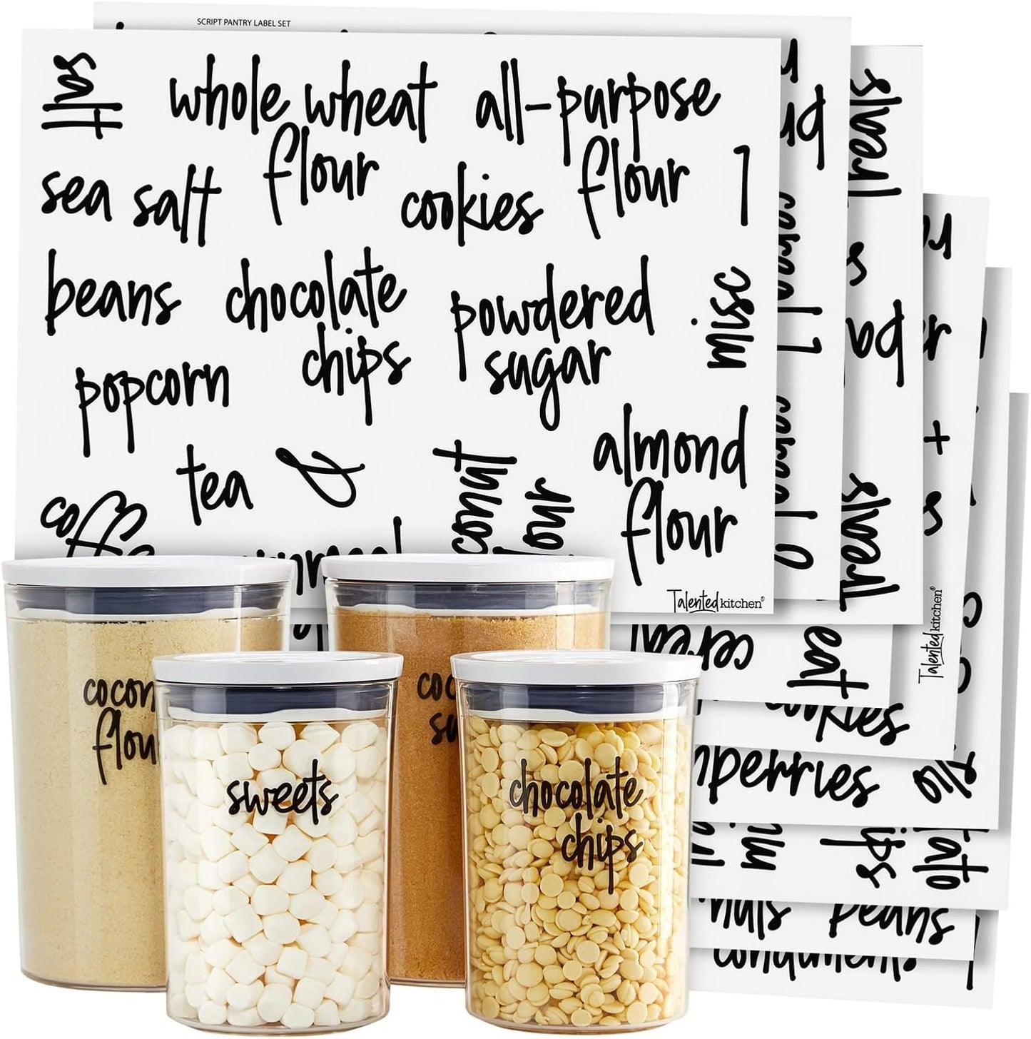 Talented Kitchen Pantry Labels for Food Containers 157 Piece - Preprinted Black Script Kitchen Food Organization Labels for Storage and Jars (Water-Resistant)