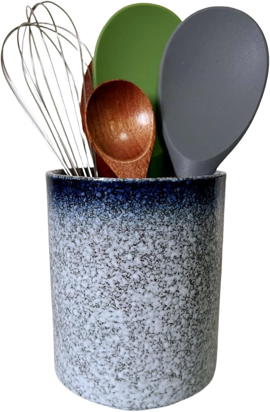 Medium Stoneware Kitchen Utensil Holder for Kitchen Counter Short Cooking Utensil Holder for Countertop Spatula Holder Small Utensil Crock Cutlery Holder Silverware Caddy Flower Vase (Stone Blue)