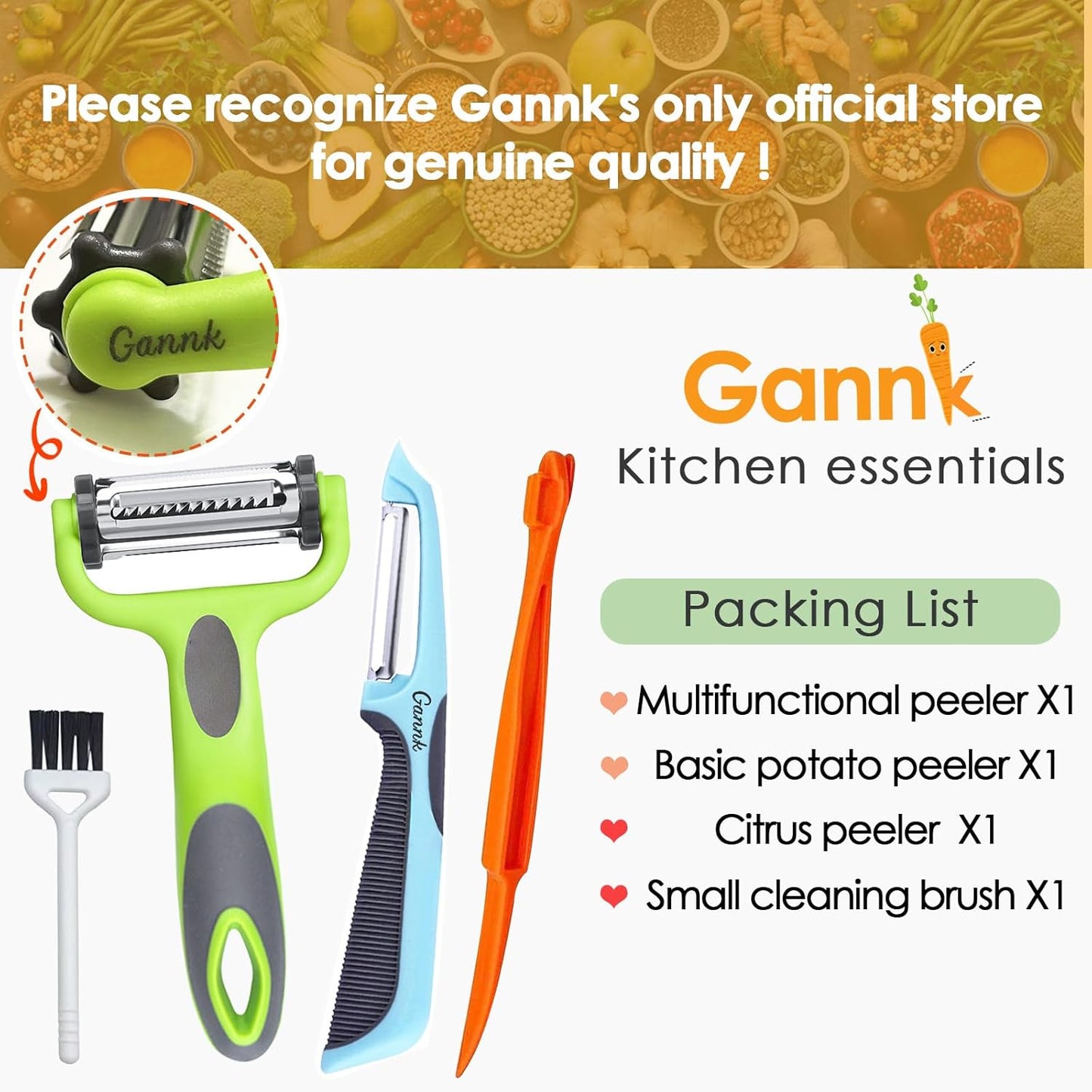 GANNK Potato Apple Vegetable Peelers for Kitchen, I and Y Peelers for Fruit Veggie Potatoes Carrot Cucumber, 3 in 1 Blade Spin Design With Julienne Function