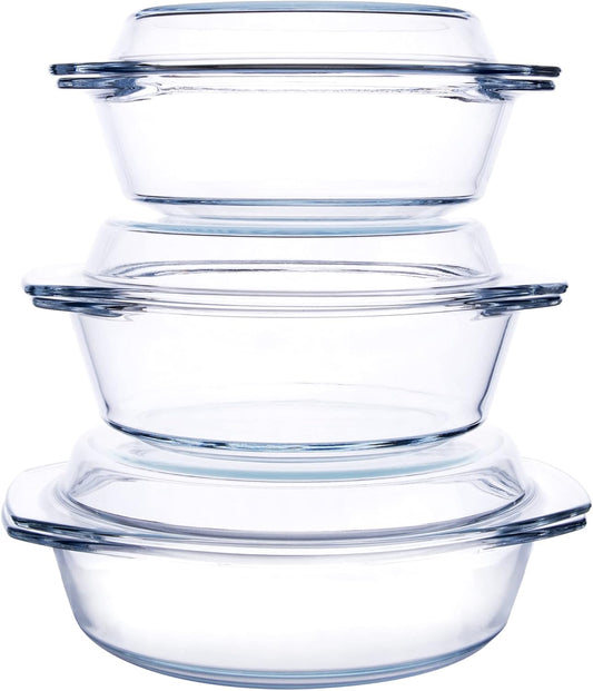Set of 6 Pieces Round Tempered Glass Casserole Dish with Lids, Glass Casserole Baking Dish Set for Oven, Freezer and Dishwasher Safe - 1QT+1.5QT+1.8QT