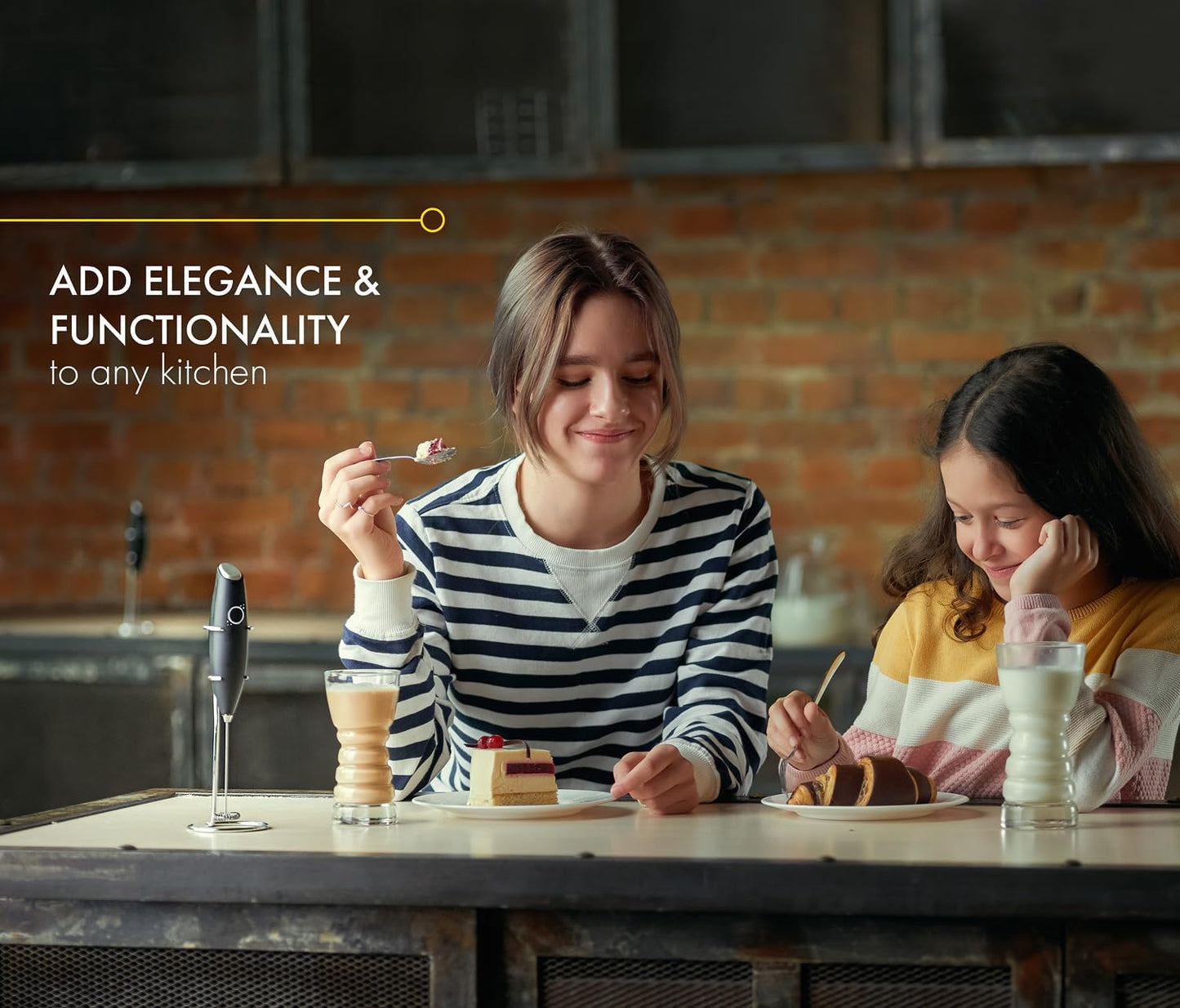 Handheld Milk Frother for Coffee - Stainless Steel Electric Drink Mixer & Matcha Whisk - Ergonomic Hand Frother With Stand & Recipes (Black)