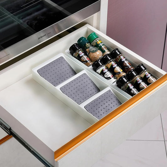Spice Drawer Organizer, 3 Tier Non-Slip Silicone Seasoning Jars Drawer Insert, Spice Rack Organization for Drawer, Kitchen Spice Rack Tray for Cabinet Countertop Makeup Storage-1 Pack