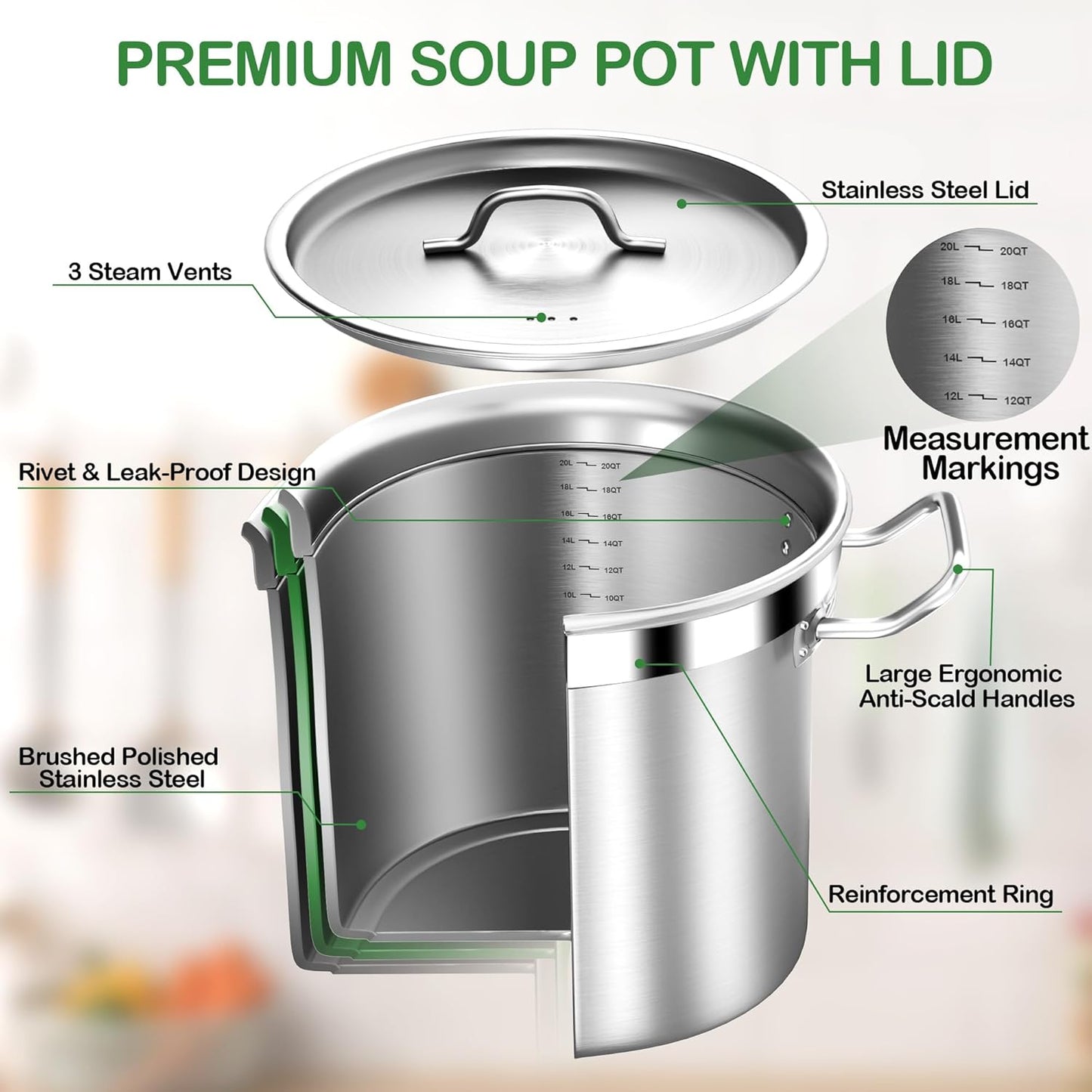 20 Quart Soup Pot with Lid – Stainless Steel Stock Pot, Heavy Duty Cooking Pot for Soup, Pasta, Stew – Induction & Oven Safe, Commercial & Home Use