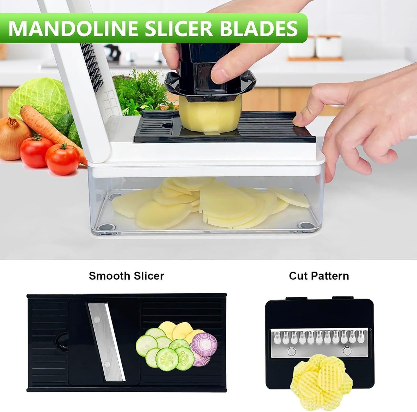Vegetable Chopper, Onion Chopper Dicer, Mandoline Slicer, Food Chopper with Container, Vegetable Cutter for Salad Potato Carrot Garlic（9 Blades, White Black）