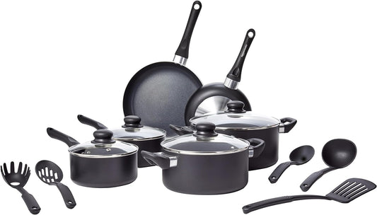 Amazon Basics Non Stick Kitchen Cookware 15-Piece Set, Non-Induction, Includes Pots, Pans, and Utensils, Black