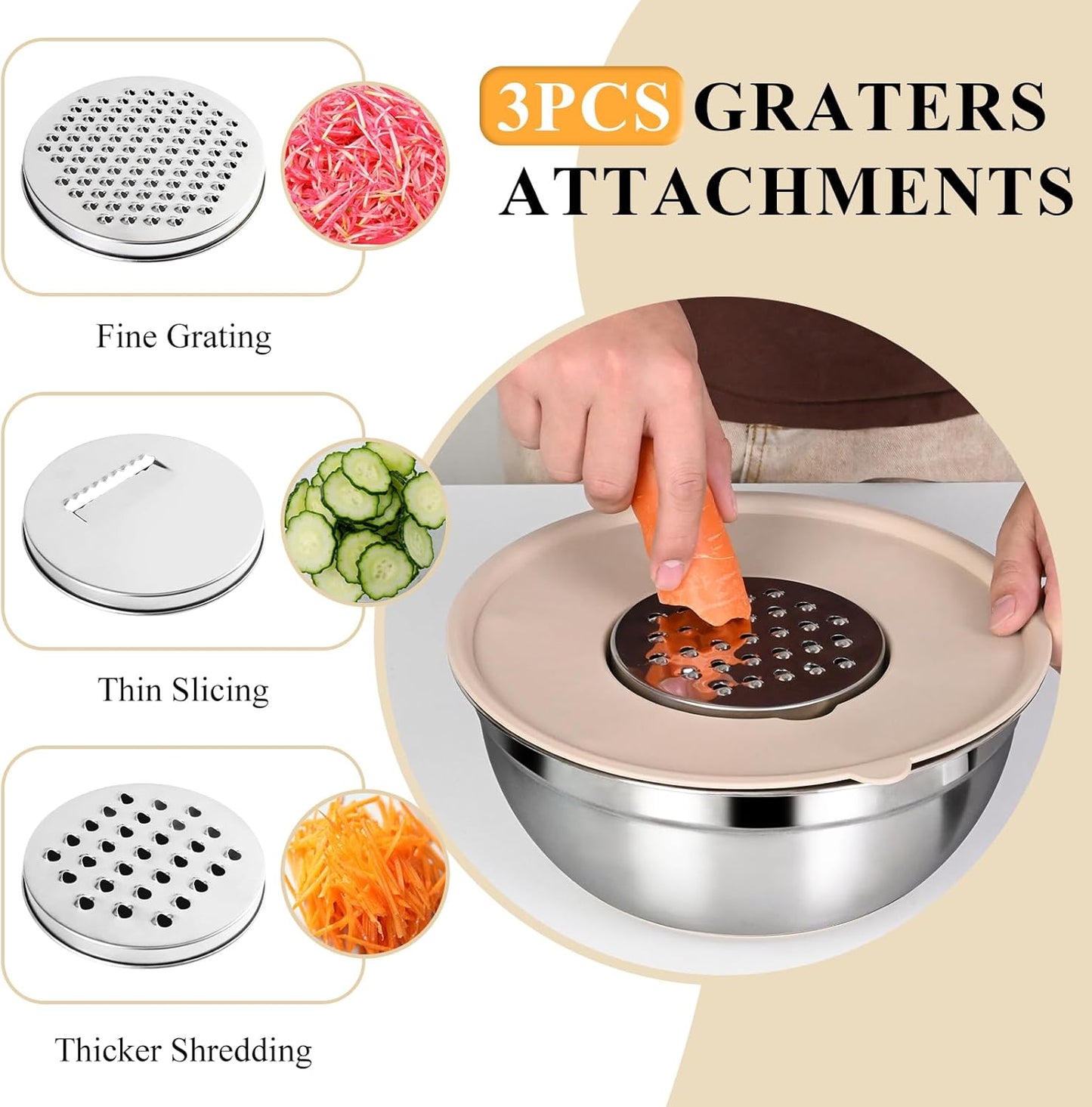 Mixing Bowls with Airtight Lids Set, 20 PCS Kitchen Gadgets Set, 6 Stainless Steel Bowls,3 Grater Attachments,Non-Slip Silicone Bottoms,Great for Serving&Baking,Size 5, 4, 3.5, 2.1, 1.5, 1.1QT (Khaki)