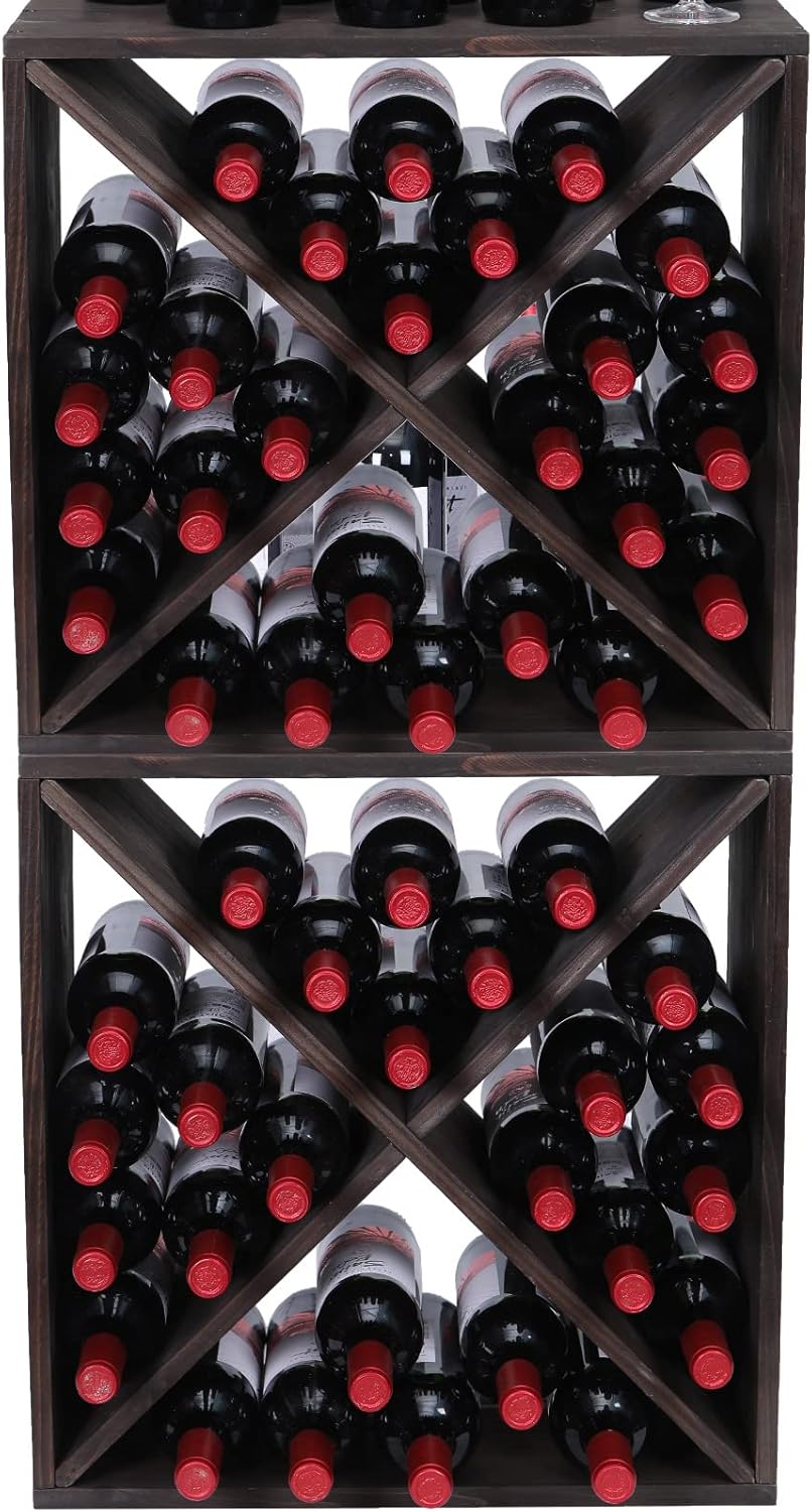 Wine Racks countertop Solid Wood Stackable Storage Rustic Retro Cube 48-Bottle Wooden Wine Rack Wine Cabinet(48BottleBlack)