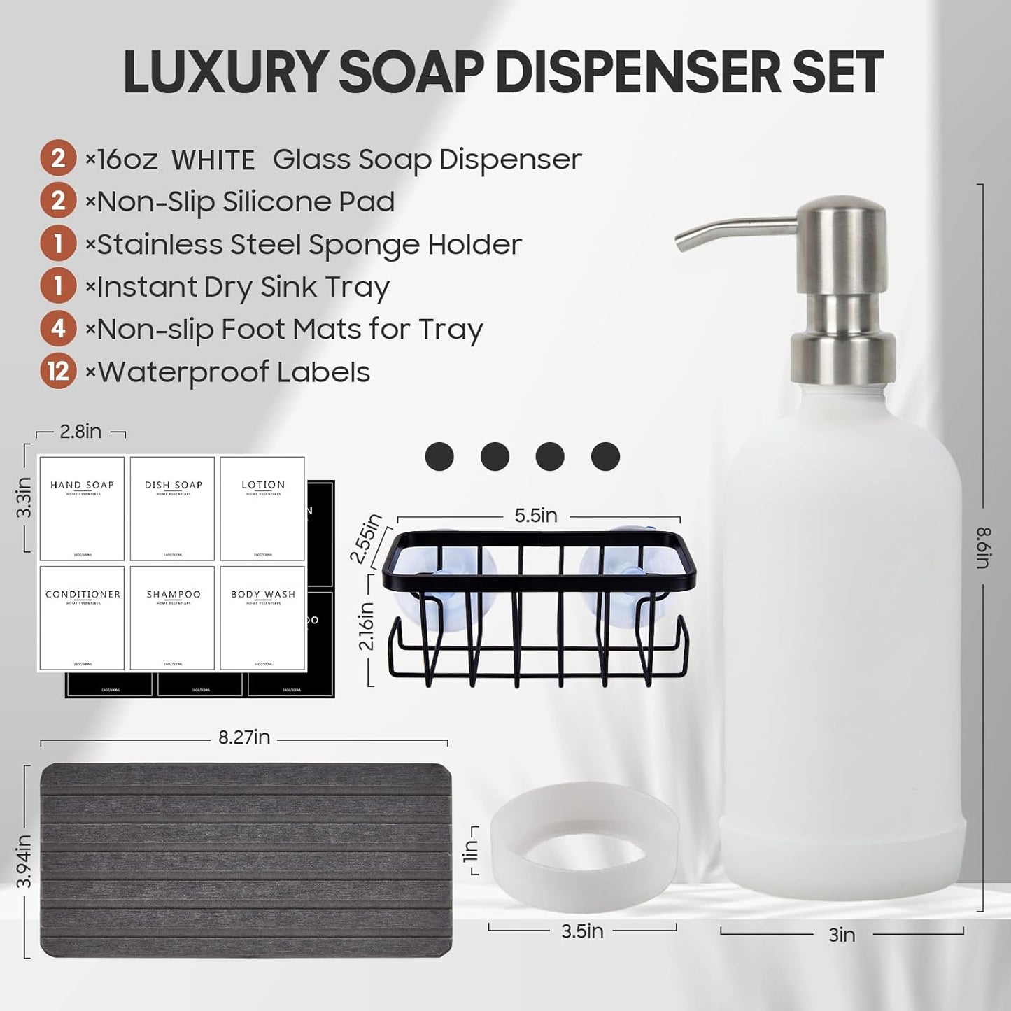 Kitchen Soap Dispenser Set with Instant Dry Tray & Sponge Holder,16 Oz Hand and Dish Soap White Glass Dispenser Set,Stainless Steel Pump,Waterproof Labels,Luxury Soap Bottle for Bathroom