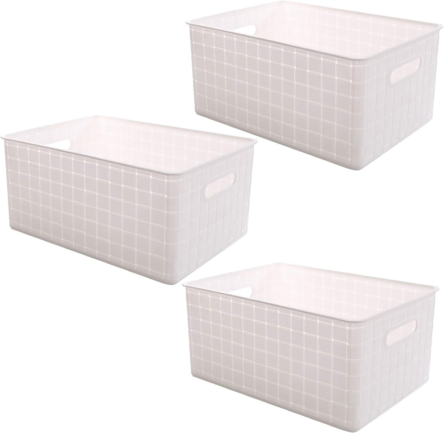 BINO | Plastic Basket, Large - White | 3 Pack | THE STABLE COLLECTION | Multi-Use Storage Basket | Rectangular Cabinet Organizer | Baskets for Organizing with Handles | Home & Office Storage Organizer