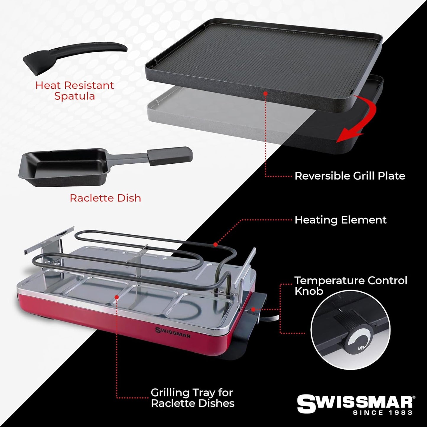 Swissmar Classic 8-Person Raclette Party Grill with Reversible Cast Aluminum Non-Stick Grill Plate/Crepe Top, Indoor Electric Raclette Grill & Griller - Black Grill Plate - Red