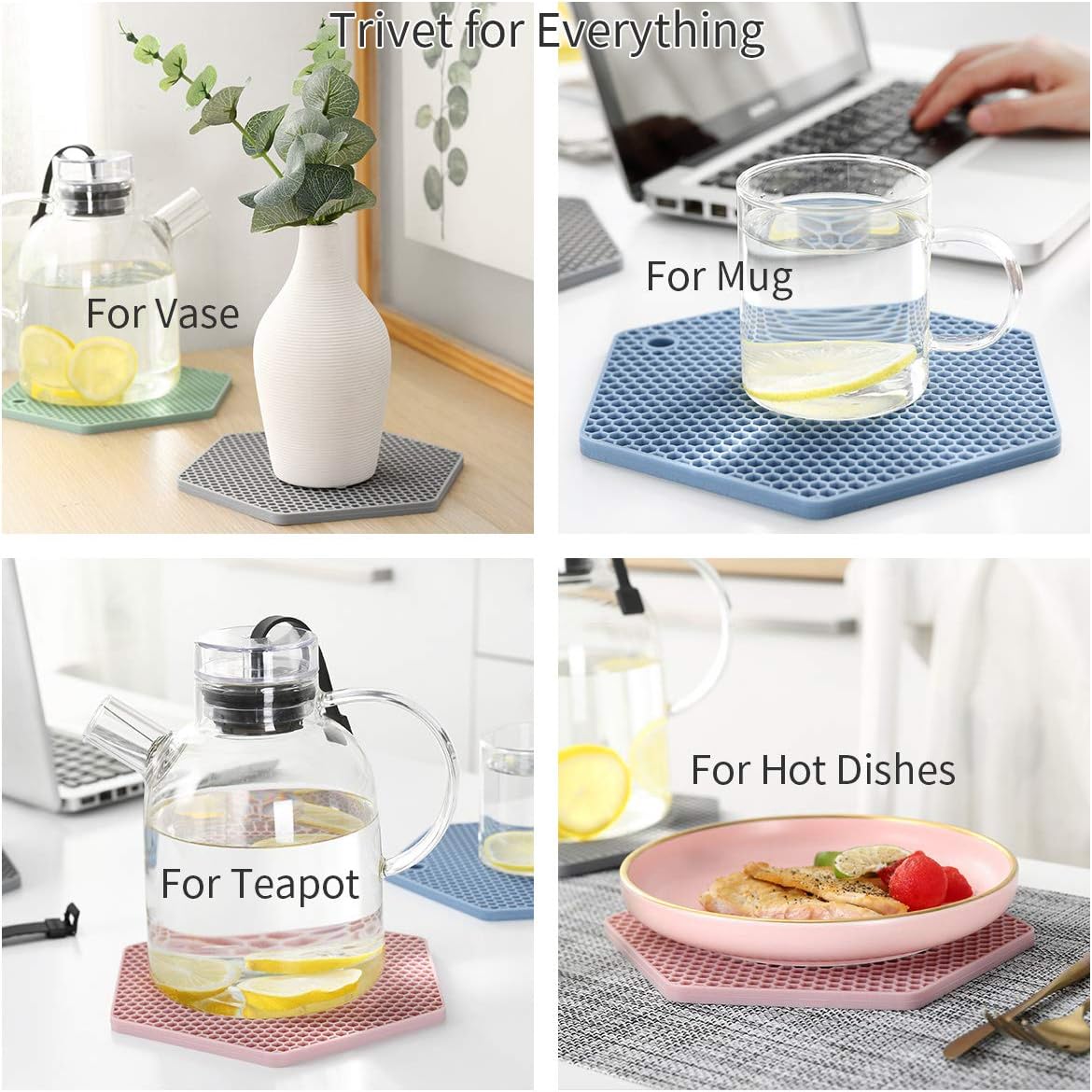 4 Packed Silicone Trivet Mats - DIY Different Size Dish Drying Mat, Hot Pot Holder for Pots & Pans, Non-Slip & Heat Resistant Kitchen Hot Pads for Countertops & Table, Beige