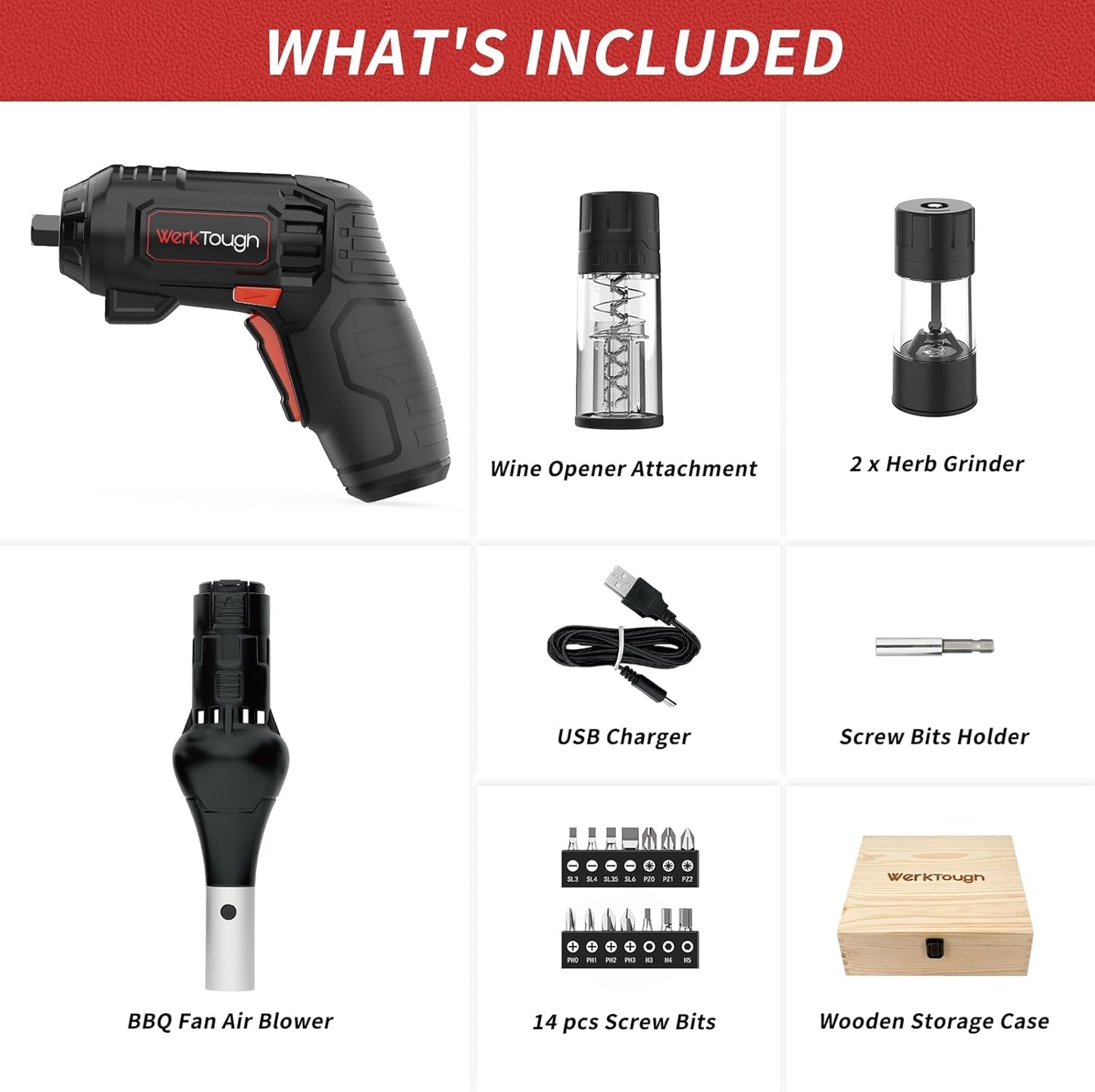 Werktough 4V Electric Corkscrew Wine Opener Set Cordless Screwdriver Battery Powerd with 4 Grill Accessories, Five-in-One Power Tool Kit for Home, Kitchen, and BBQ Lovers